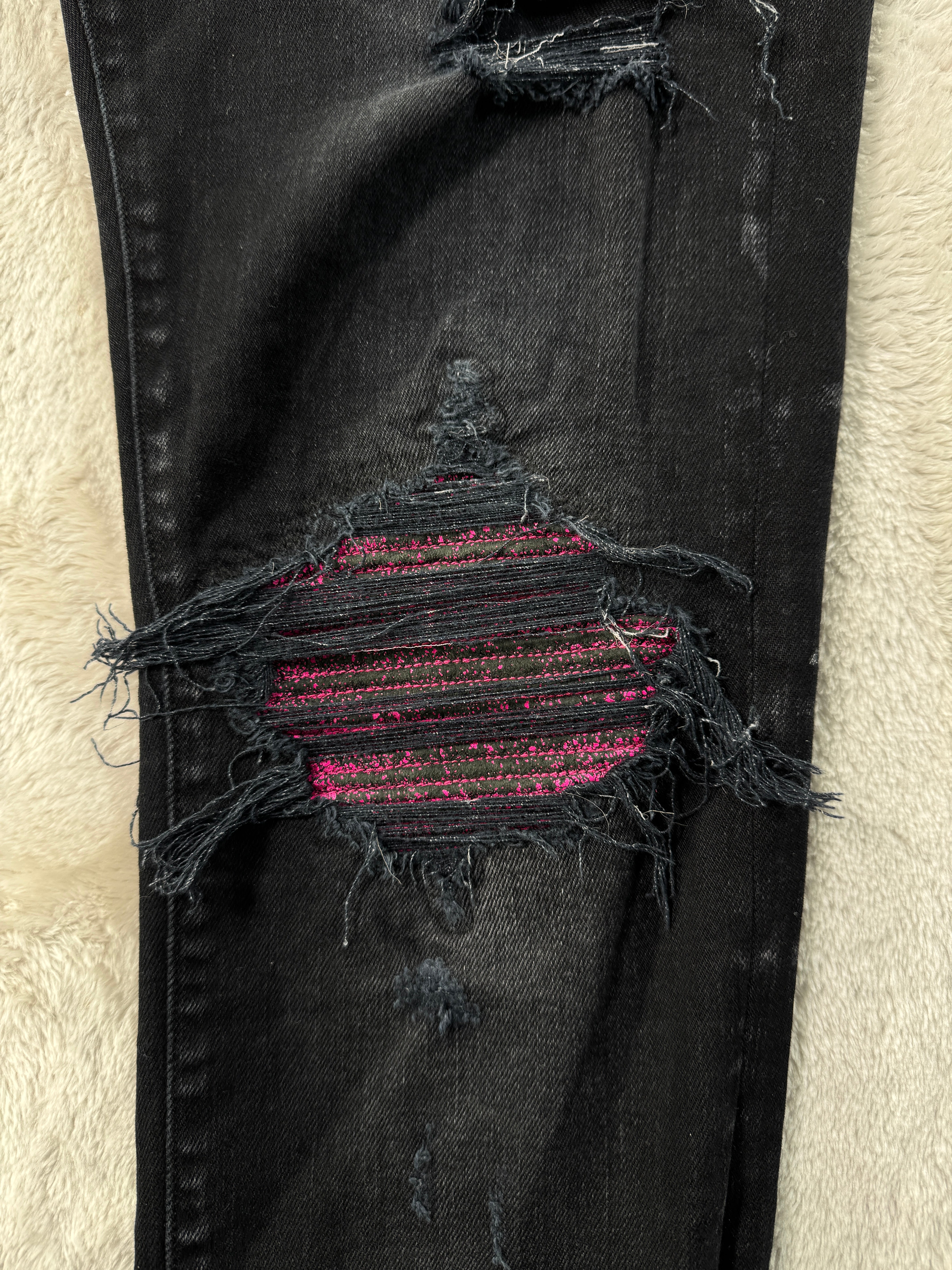 Amiri MX1 Black Wash & Pink Crackle Patch Jeans