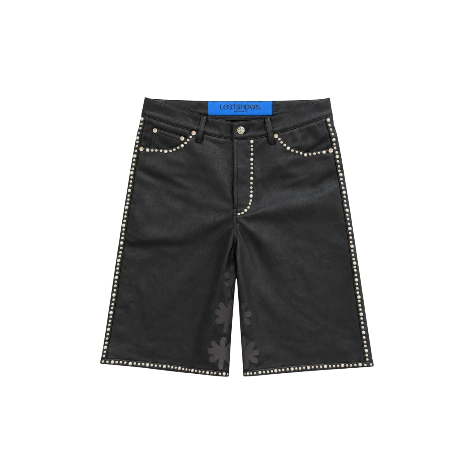 LOST SHDWS 'Embellished Sun Logo' Black Leather Shorts