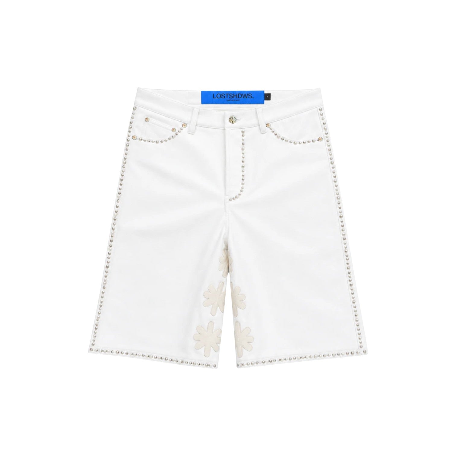 LOST SHDWS 'Embellished Sun Logo' White Leather Shorts