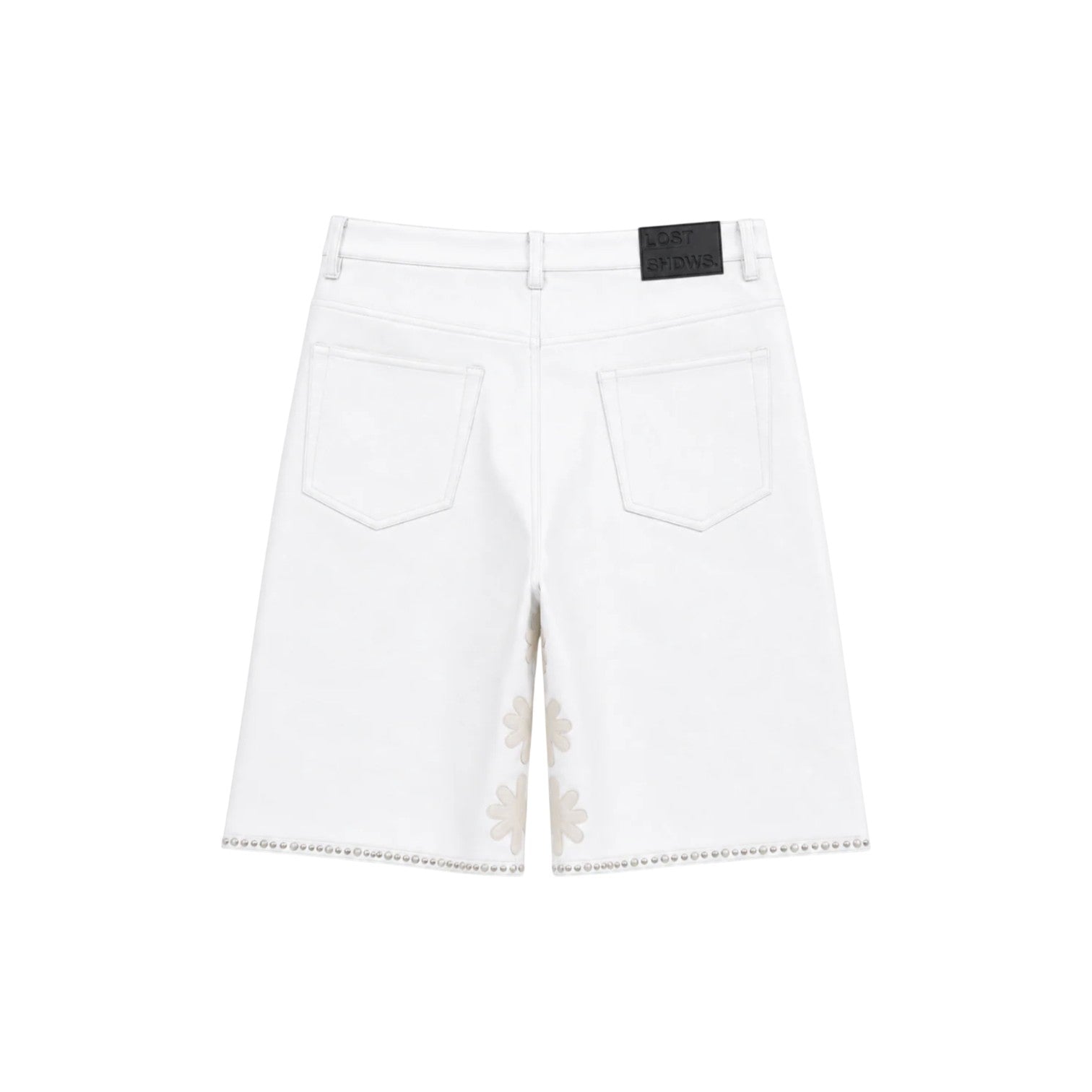 LOST SHDWS 'Embellished Sun Logo' White Leather Shorts