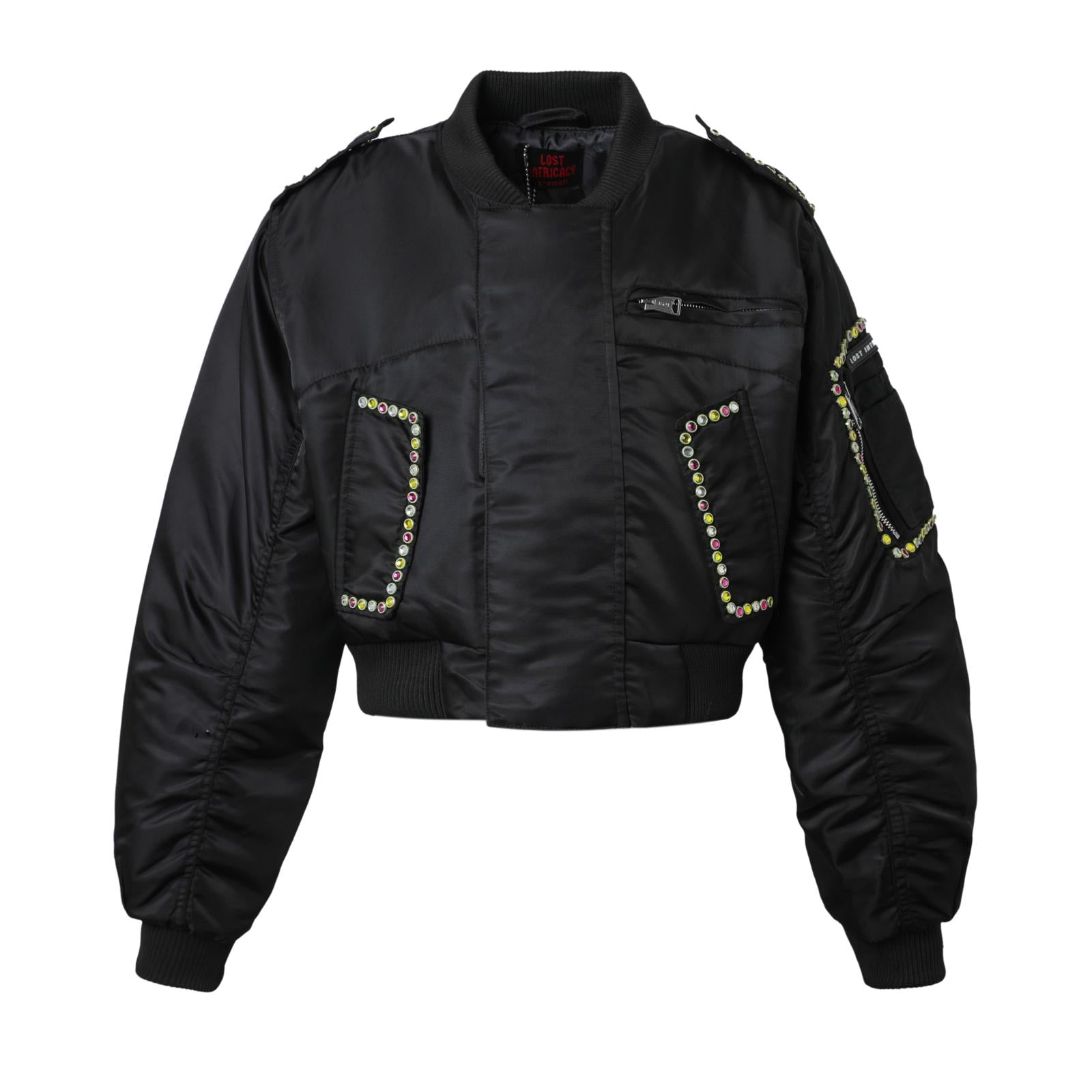 Lost Intricacy 'Yellow & Pink Stone' Black Bomber Jacket (WOMENS)