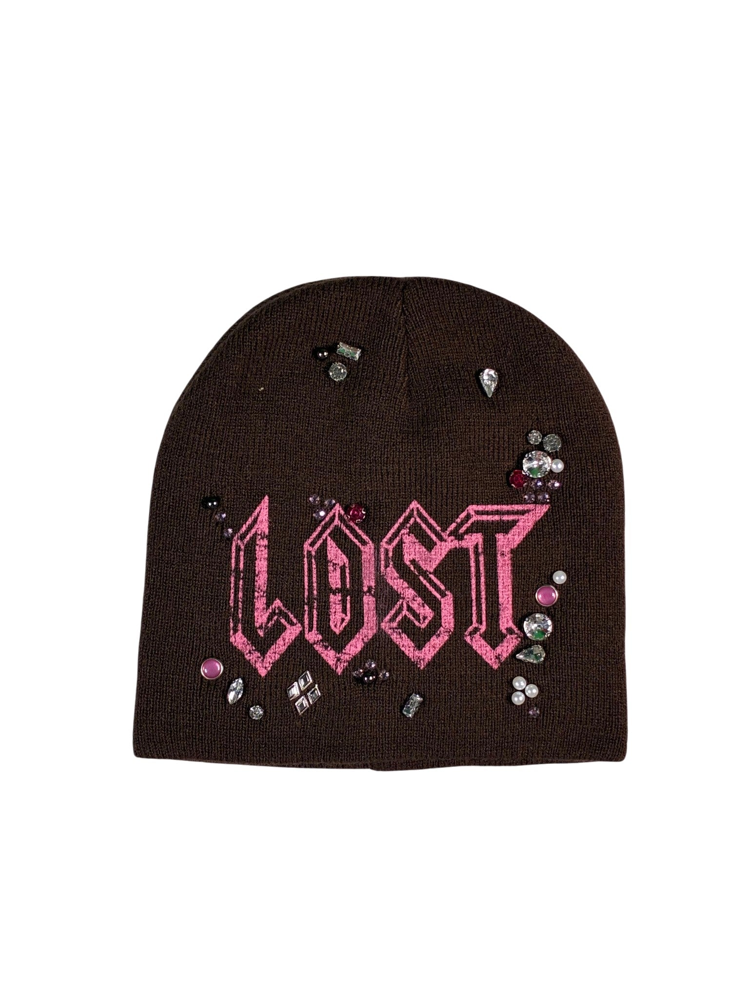 Lost Intricacy 'Clear & Pink Rhinestone' Brown & Pink Beanie