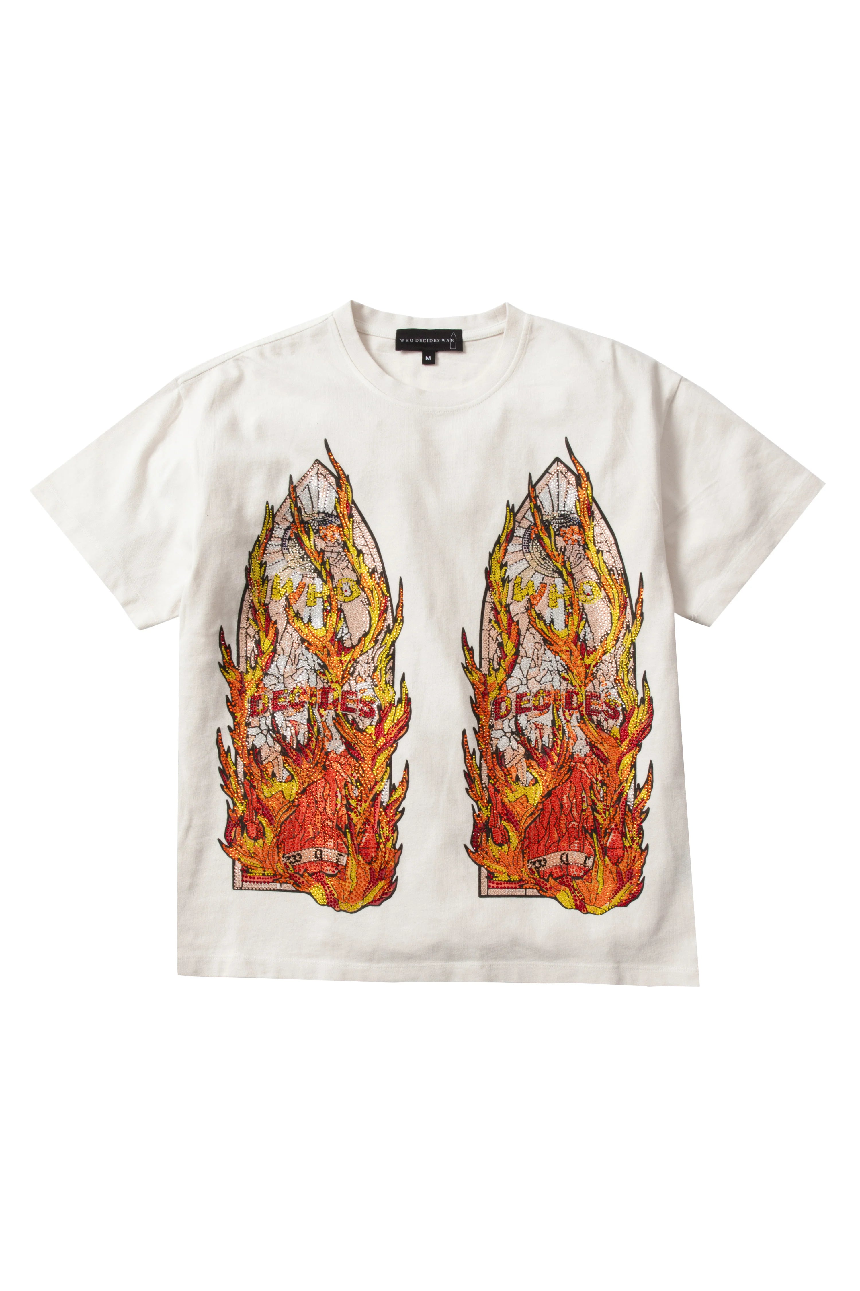 Who Decides War 'Flame Glass' White Rhinestone Tee