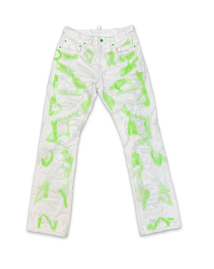 Endless Distressed White & Green Writing Jeans