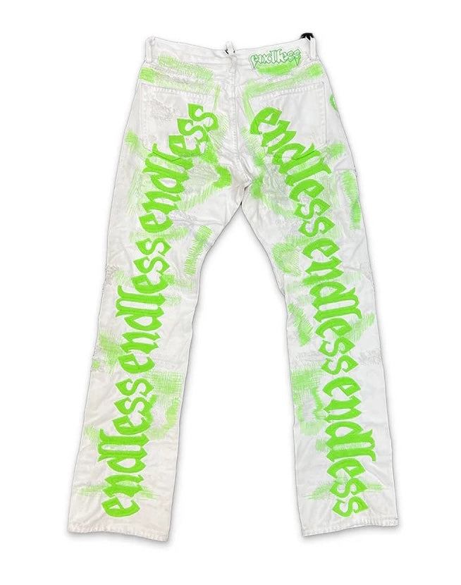 Endless Distressed White & Green Writing Jeans