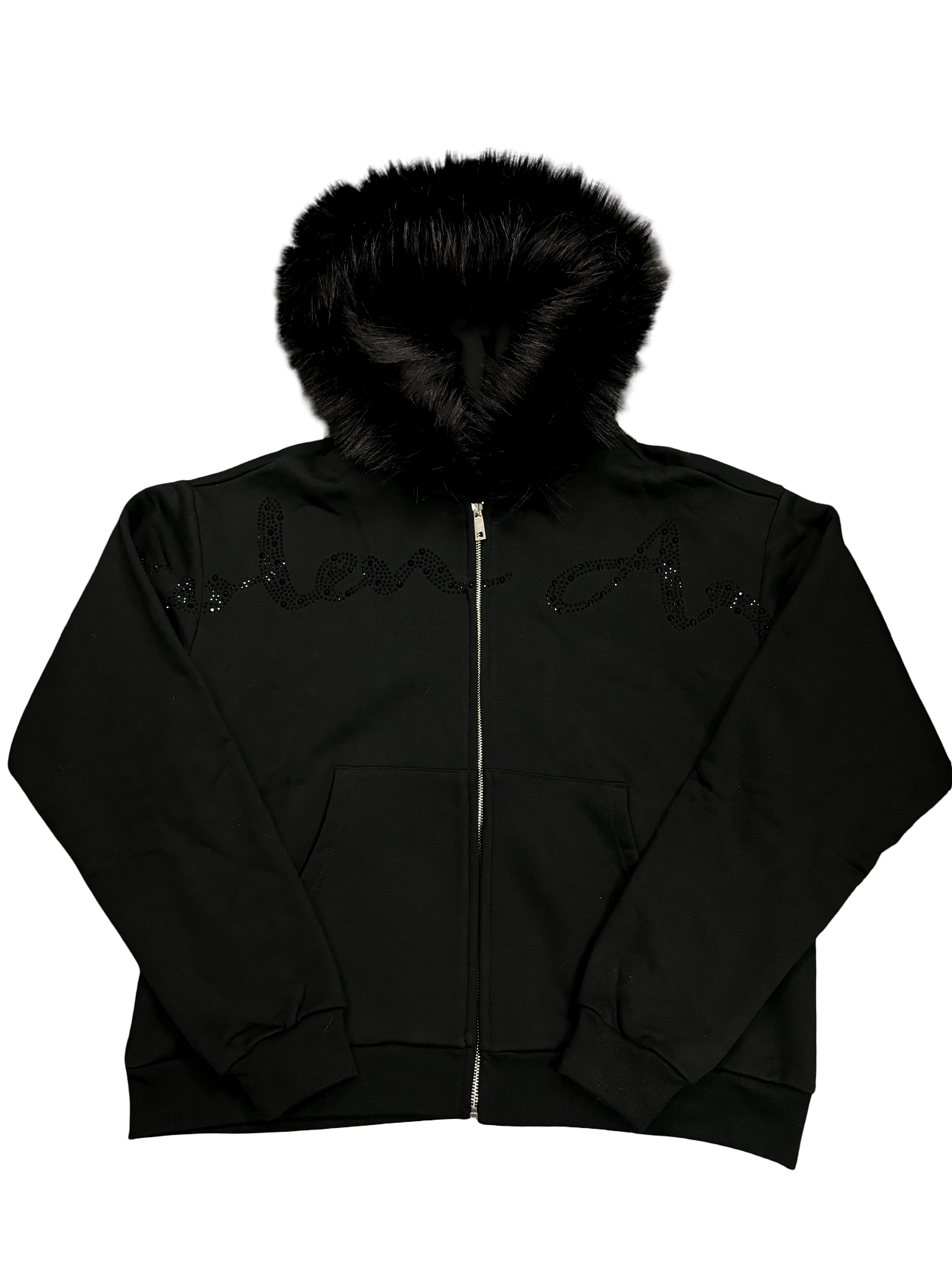 Stolen Arts Triple Black Studded Fur Zip Up Hoodie