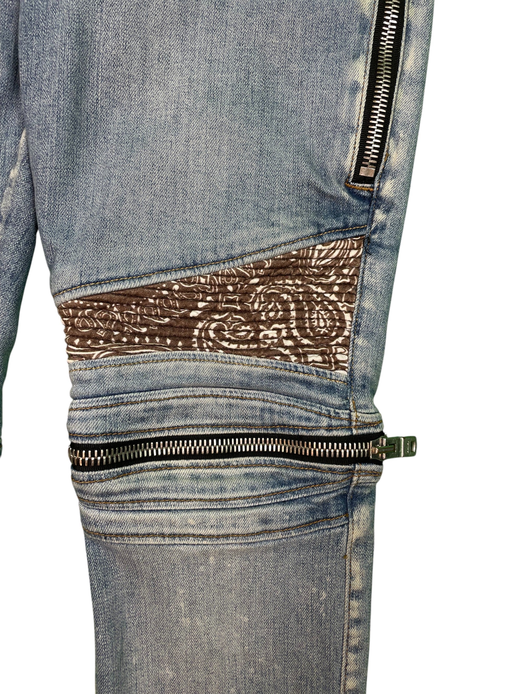 Amiri MX2 Brown Paisley Patch Light Wash Blue Jeans