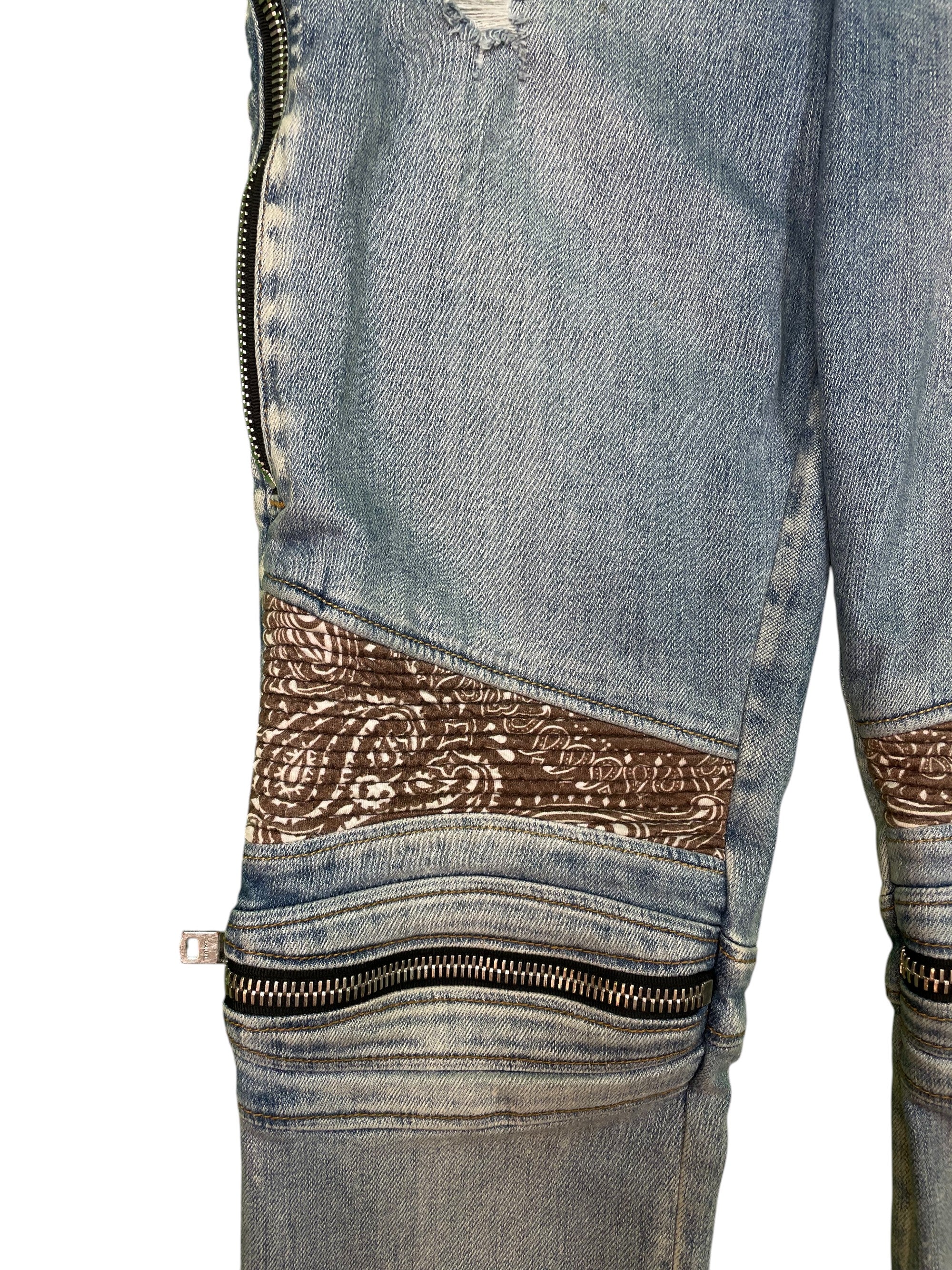 Amiri MX2 Brown Paisley Patch Light Wash Blue Jeans