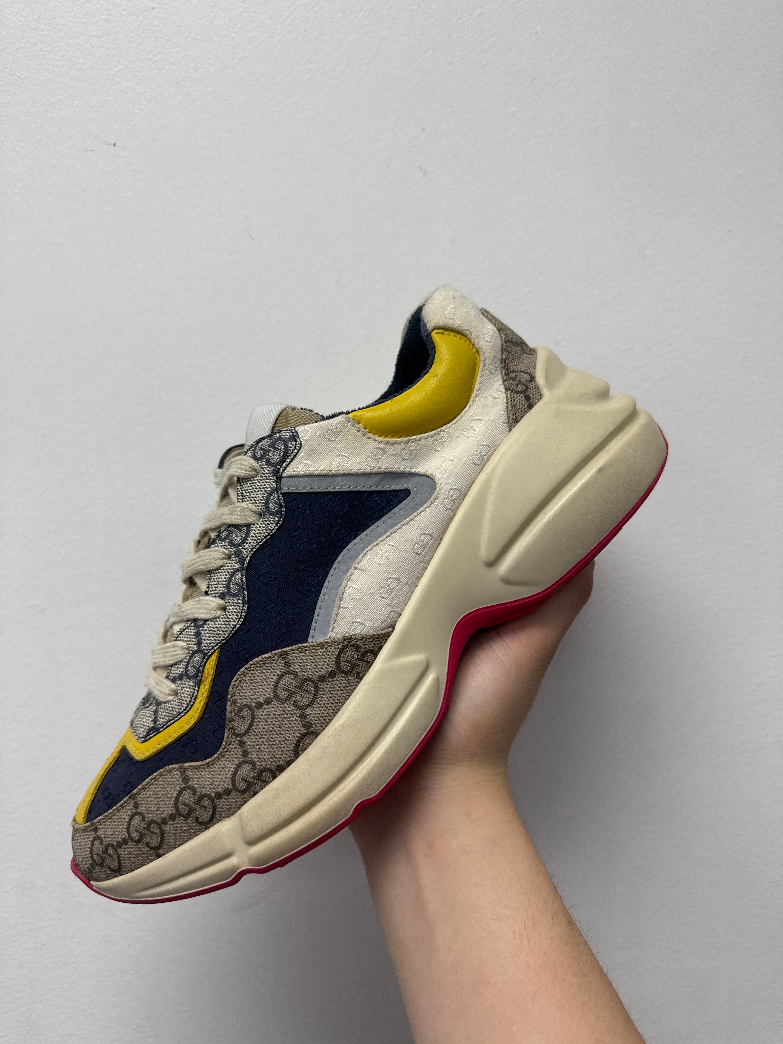 Gucci Navy Pink Yellow Tri Color Monogram Sneakers
