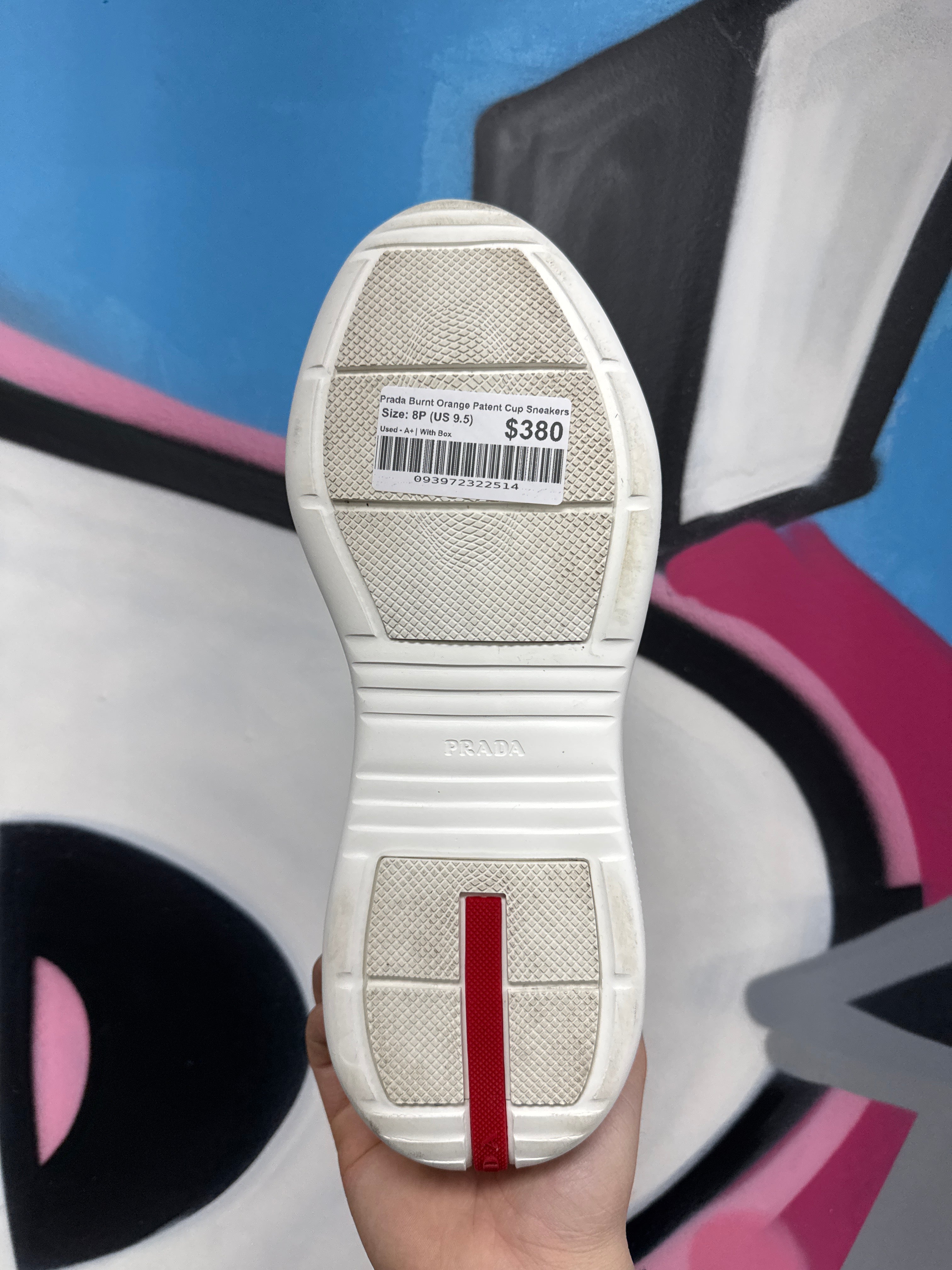 Prada Burnt Orange Patent Cup Sneakers