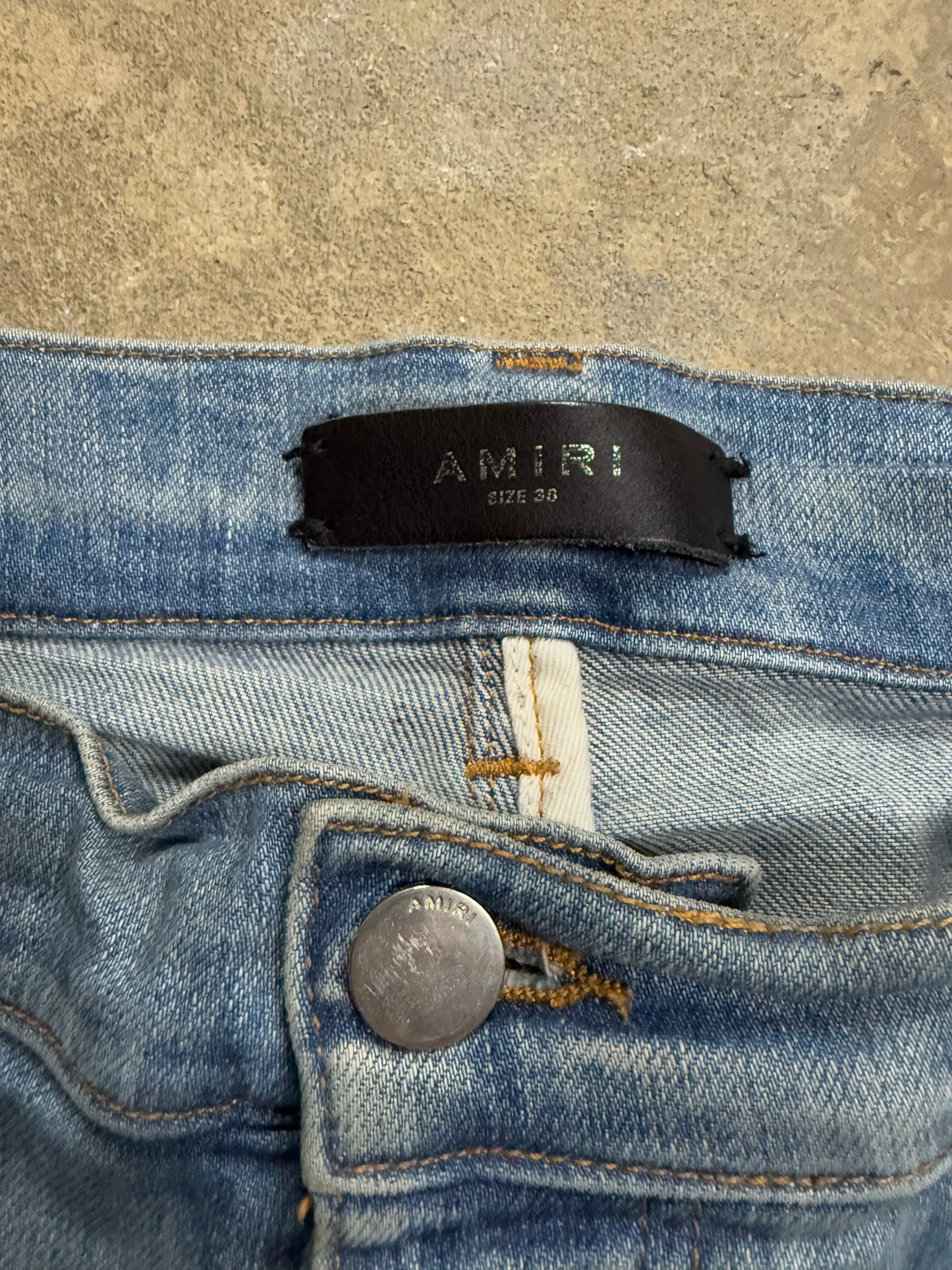 Amiri MX1 Light Wash Pink Crackle Patch Used 38