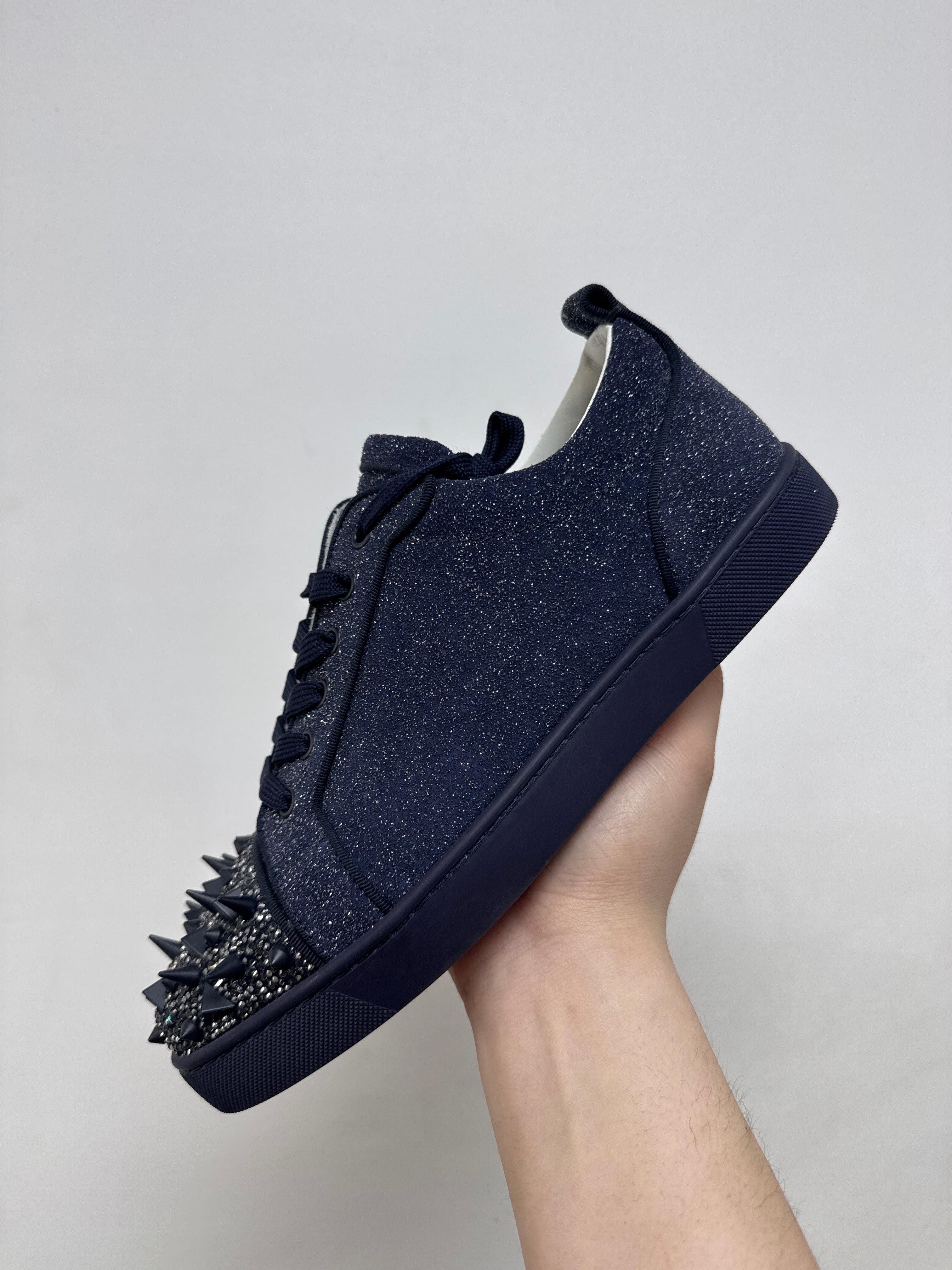Christian Louboutin Navy Glitter Spiked Low Sneakers