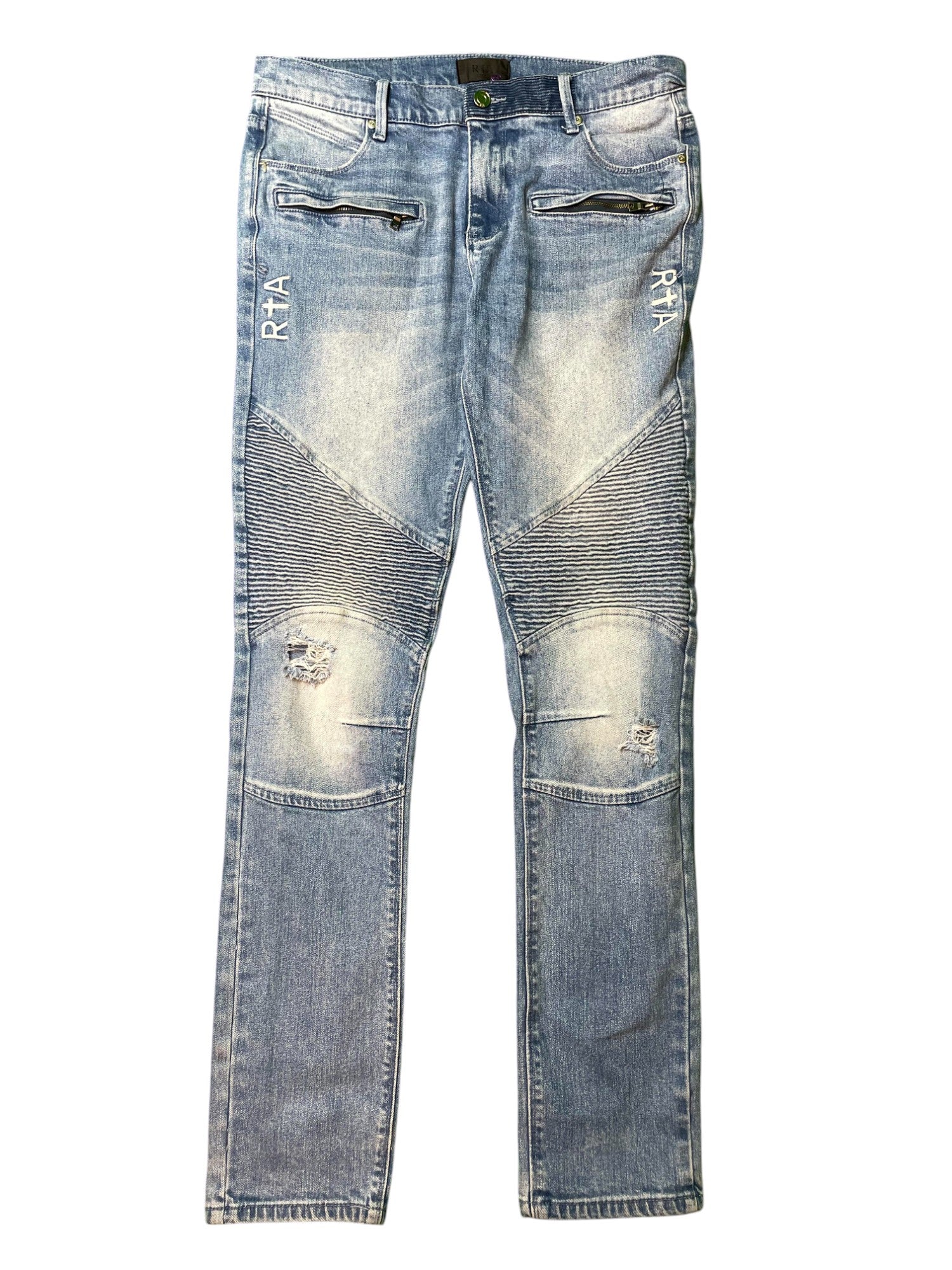 RTA Zipper Knee Patch Light Wash Blue Jeans