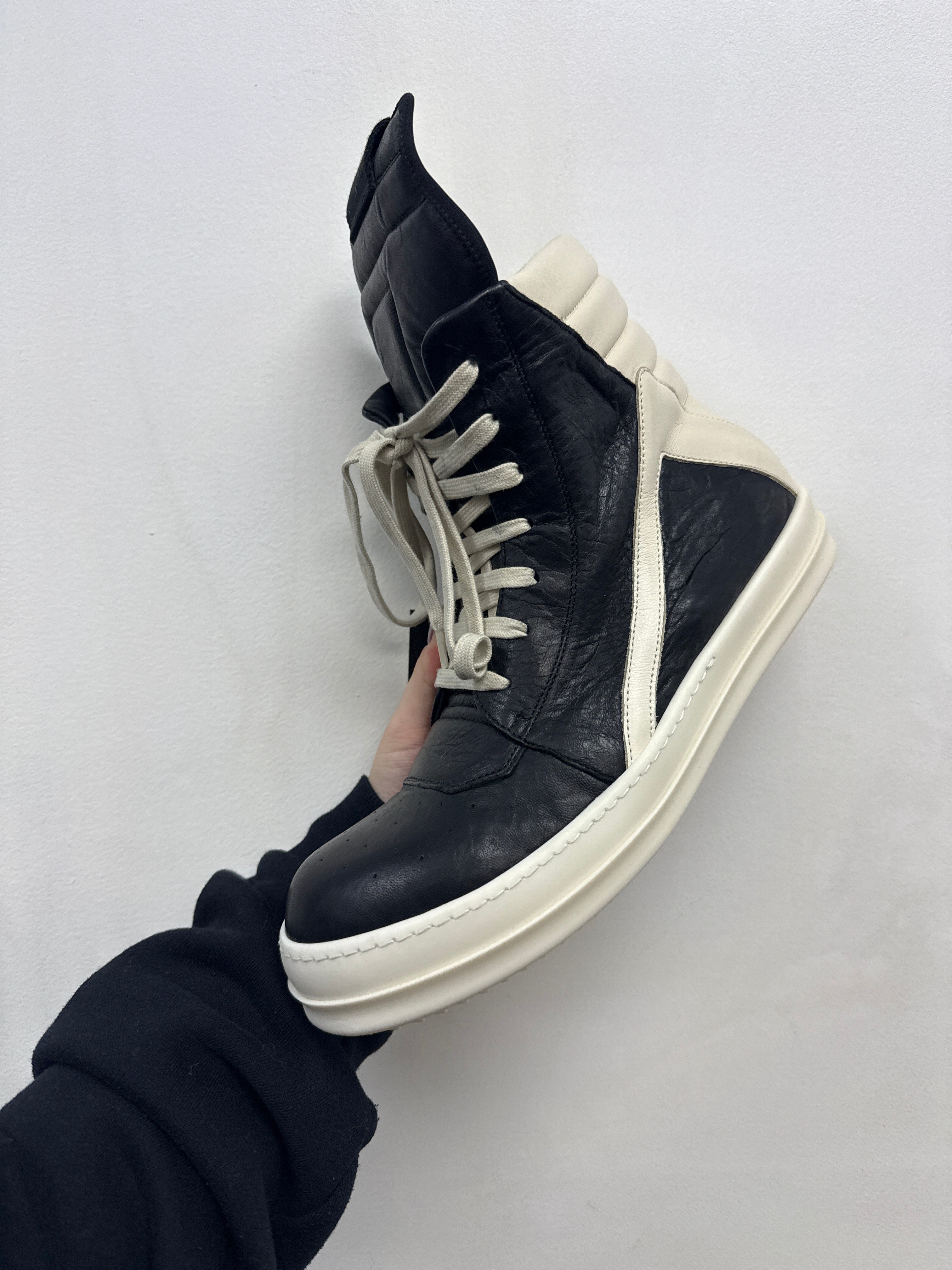 Rick Owens Black Milk Tumble Leather Geobasket Sneakers