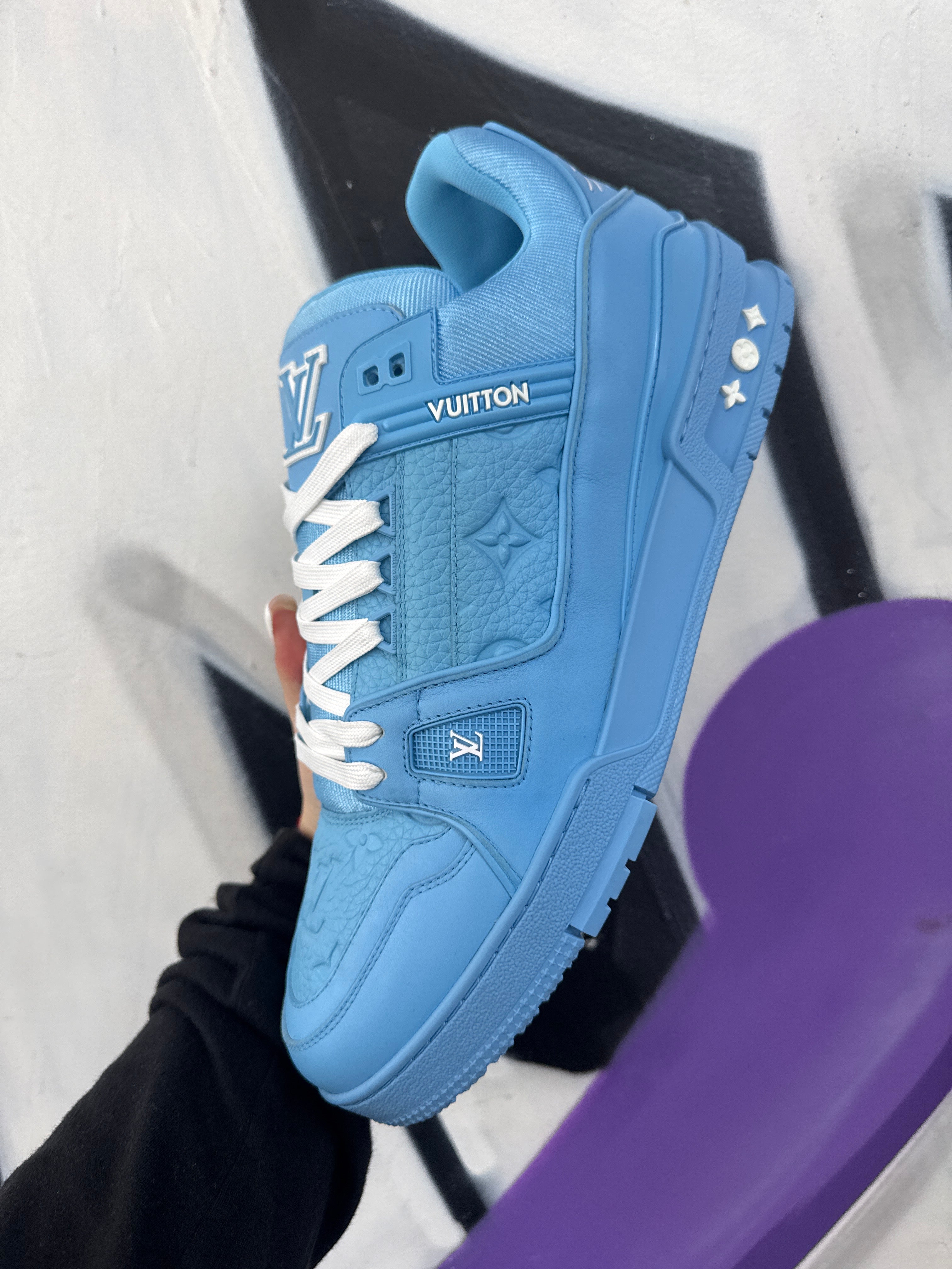 Louis Vuitton Baby Blue Monogram Leather Trainer Sneakers