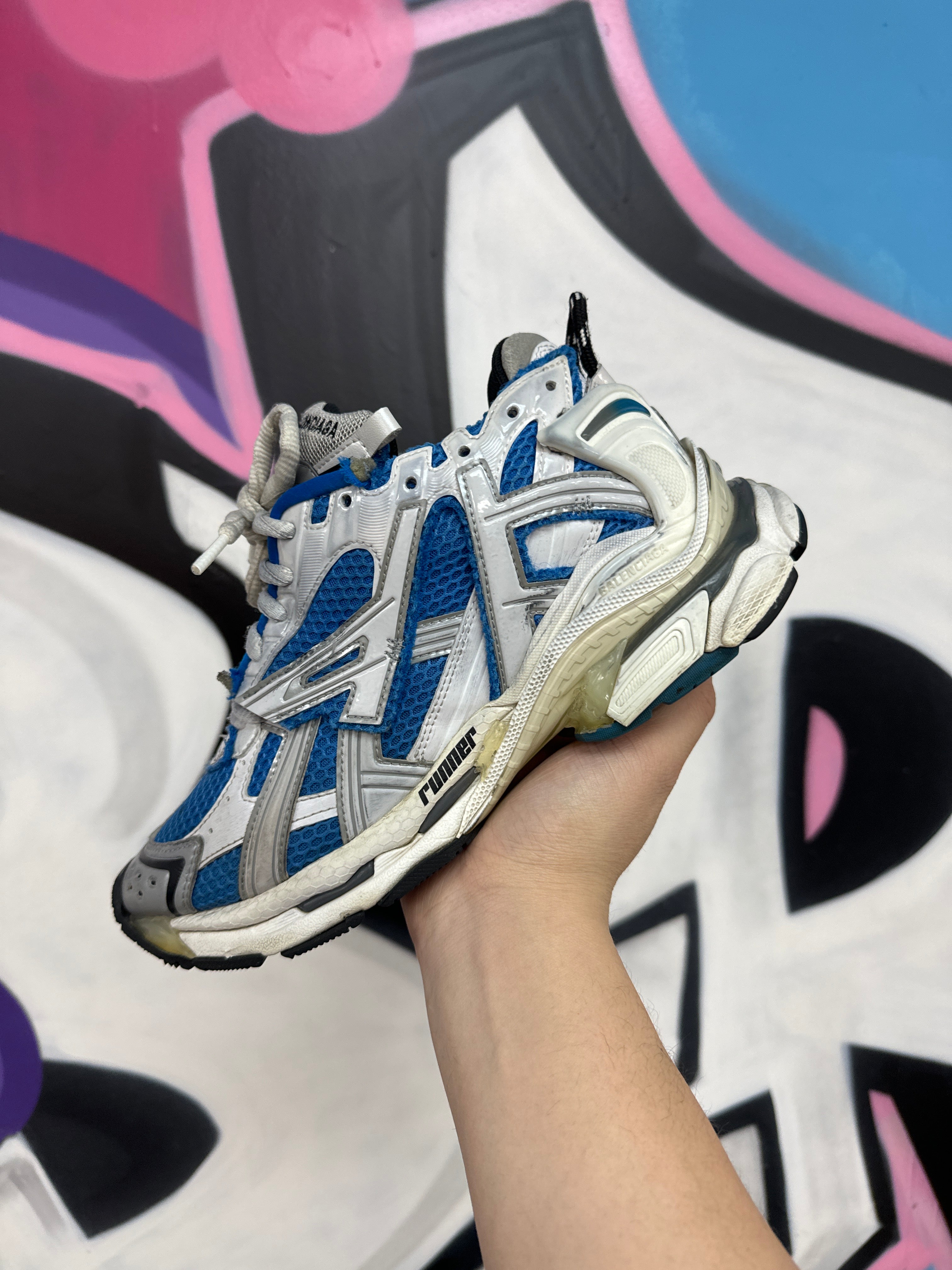 Balenciaga White Blue Runner Sneakers