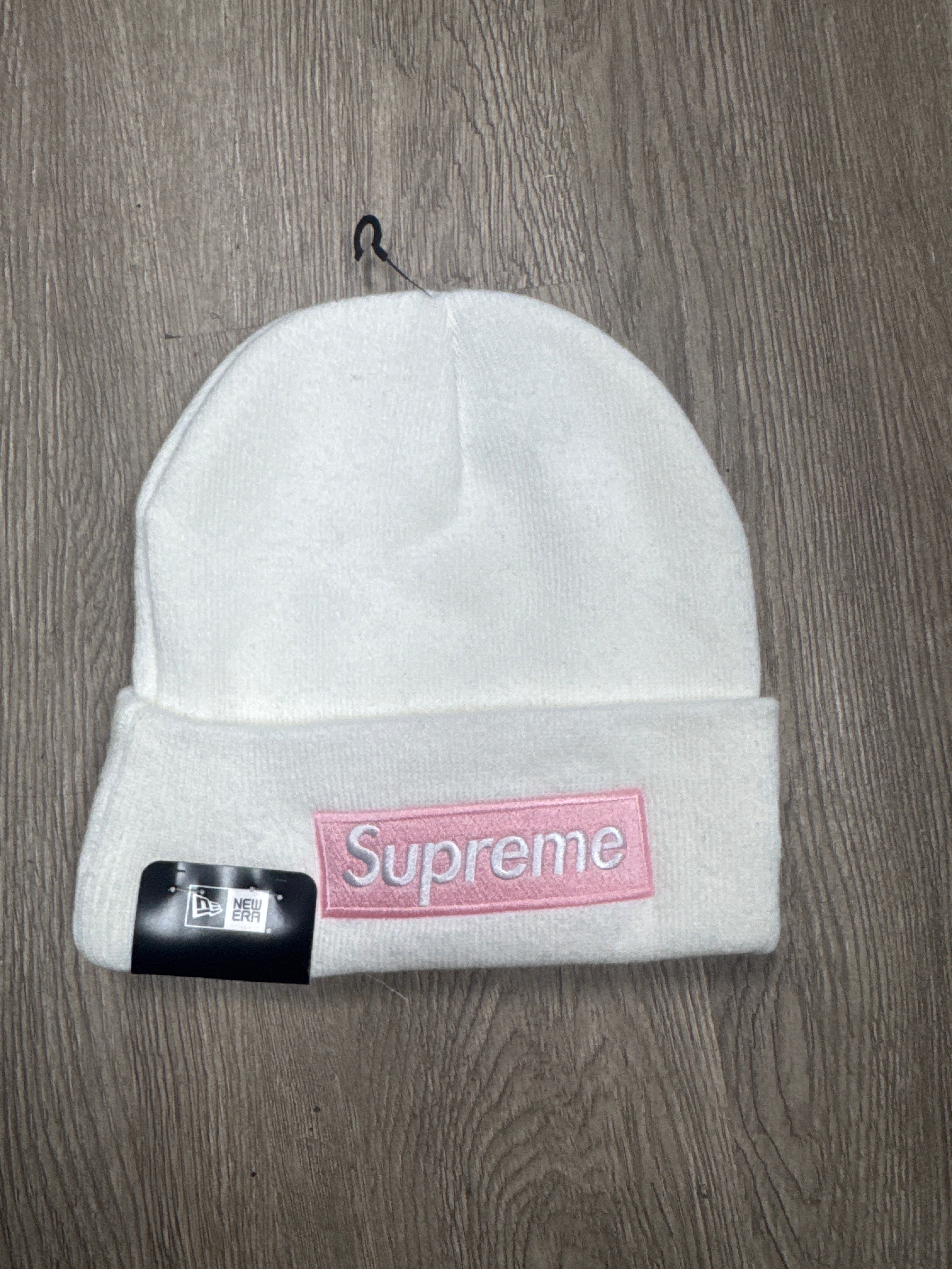 Supreme White Pink Box Logo Beanie