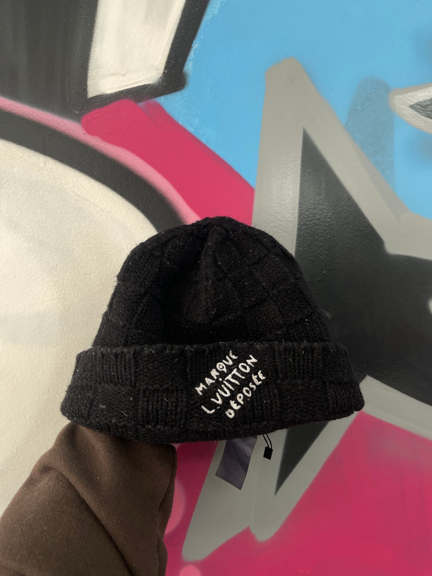 LV Marque Black Checkered Beanie Used OS