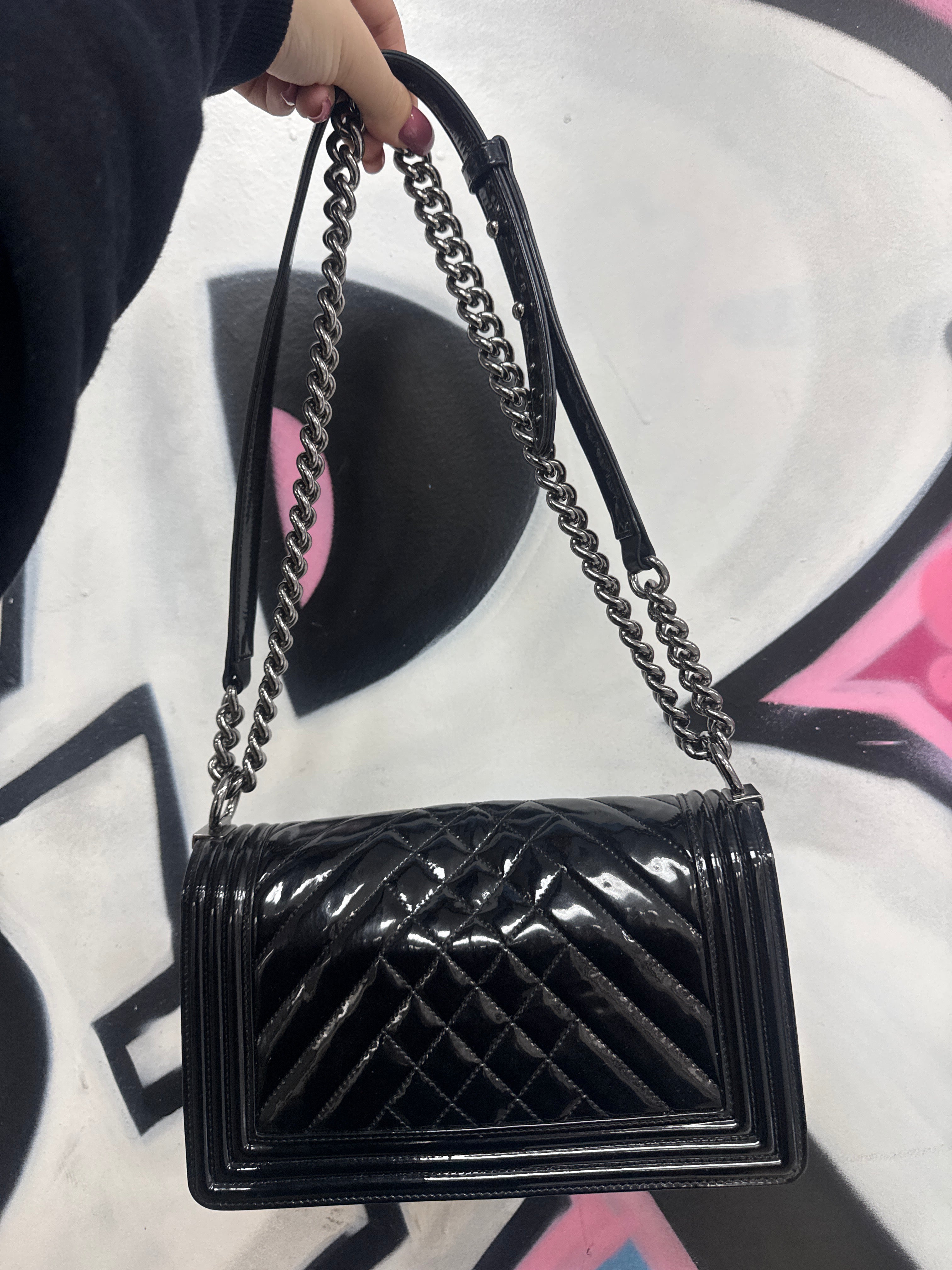 Chanel Black Patent Leather Boy Bag