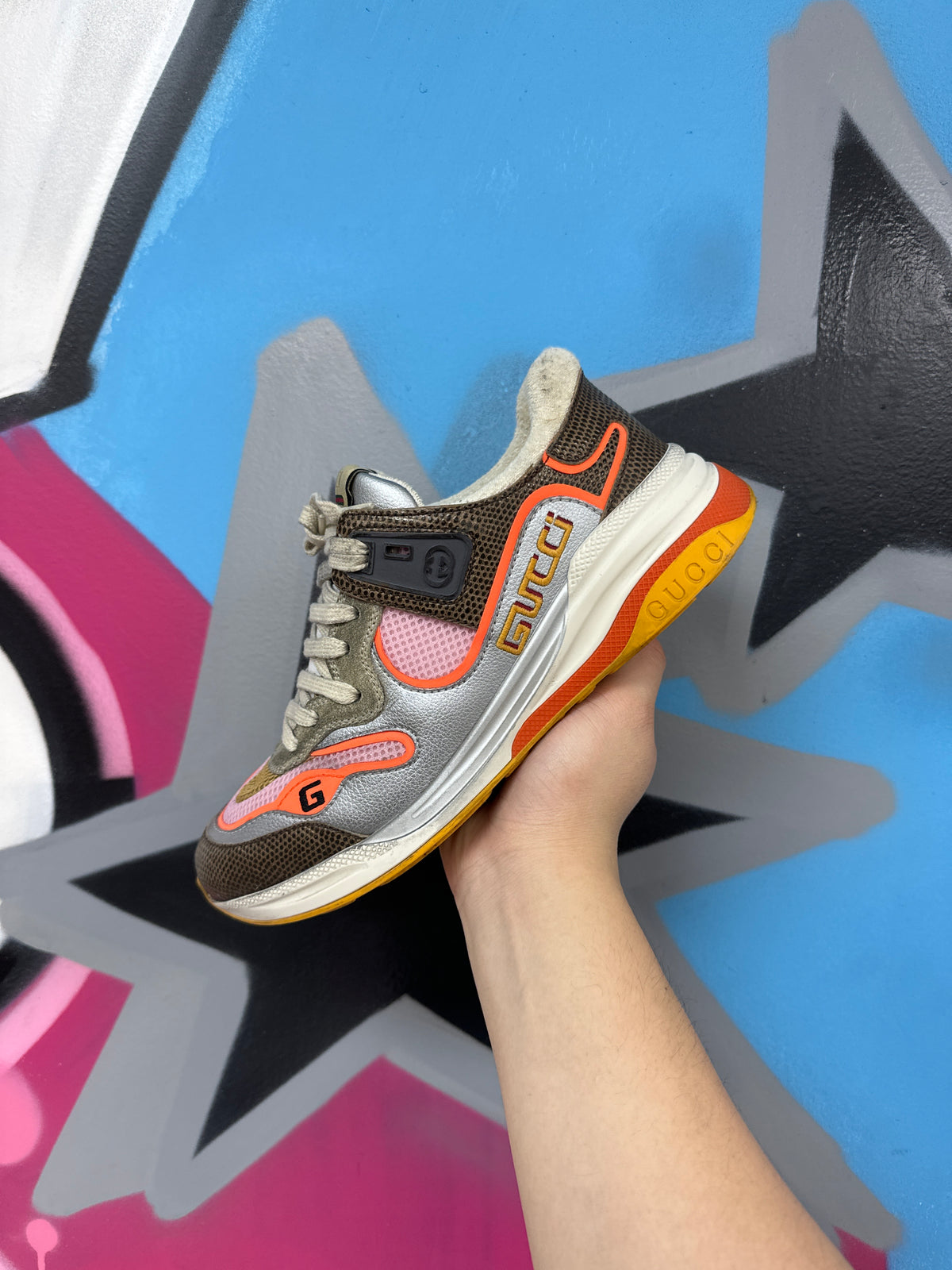 Gucci Flash Trek Silver Orange Multi Sneakers