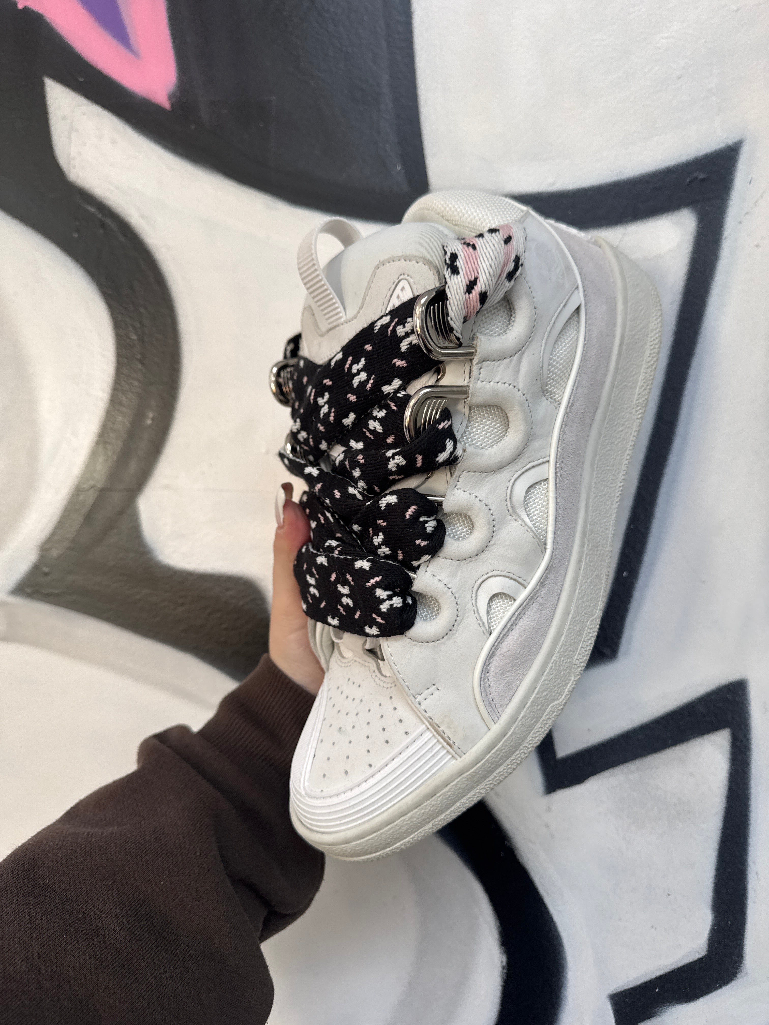 Lanvin White Black Pink Lace Curb Sneakers