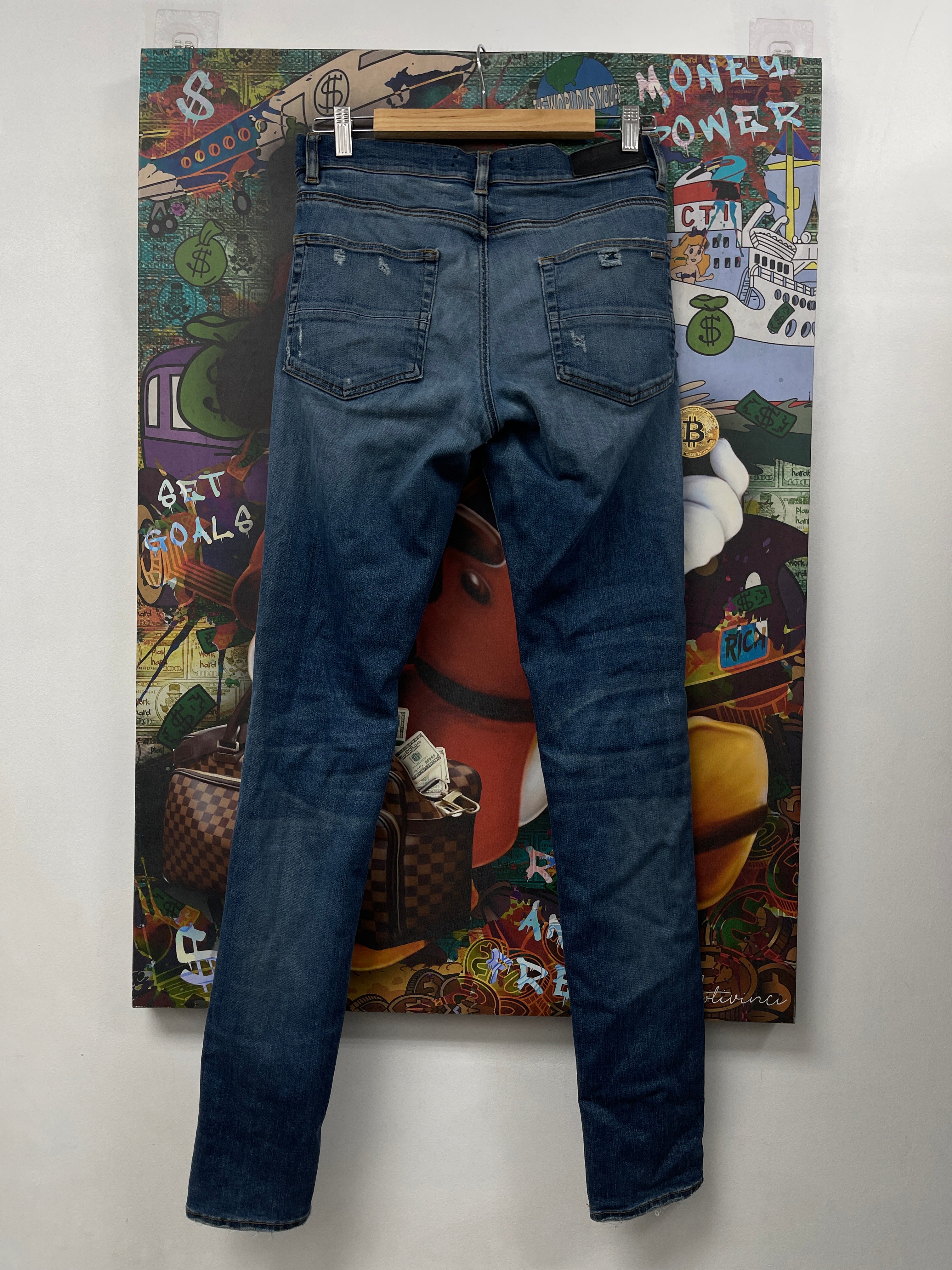 Amiri MX1 Dark Wash Maroon Suede Patch Jeans