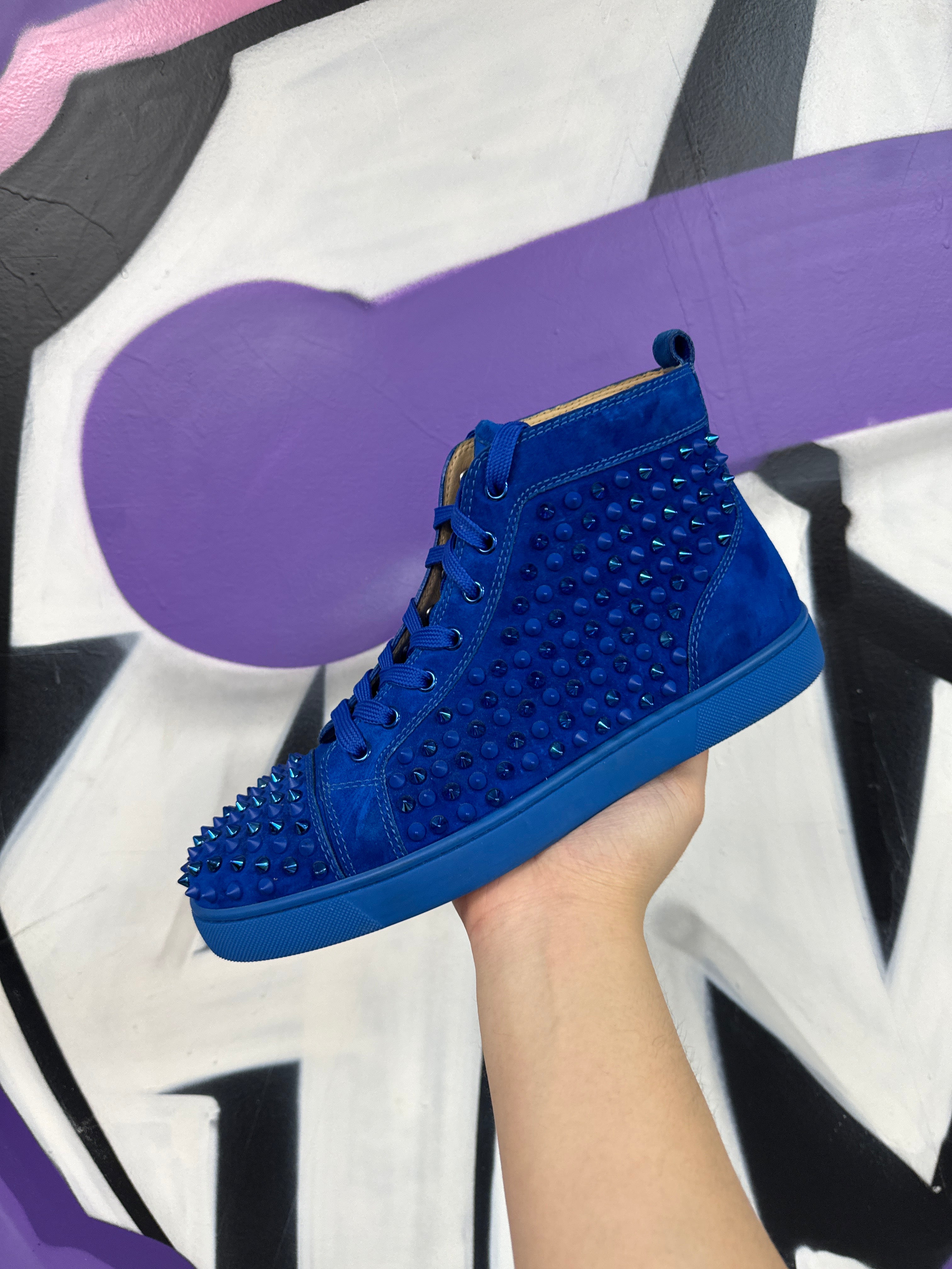 Christian Louboutin Blue Spiked Red Bottom Sneakers