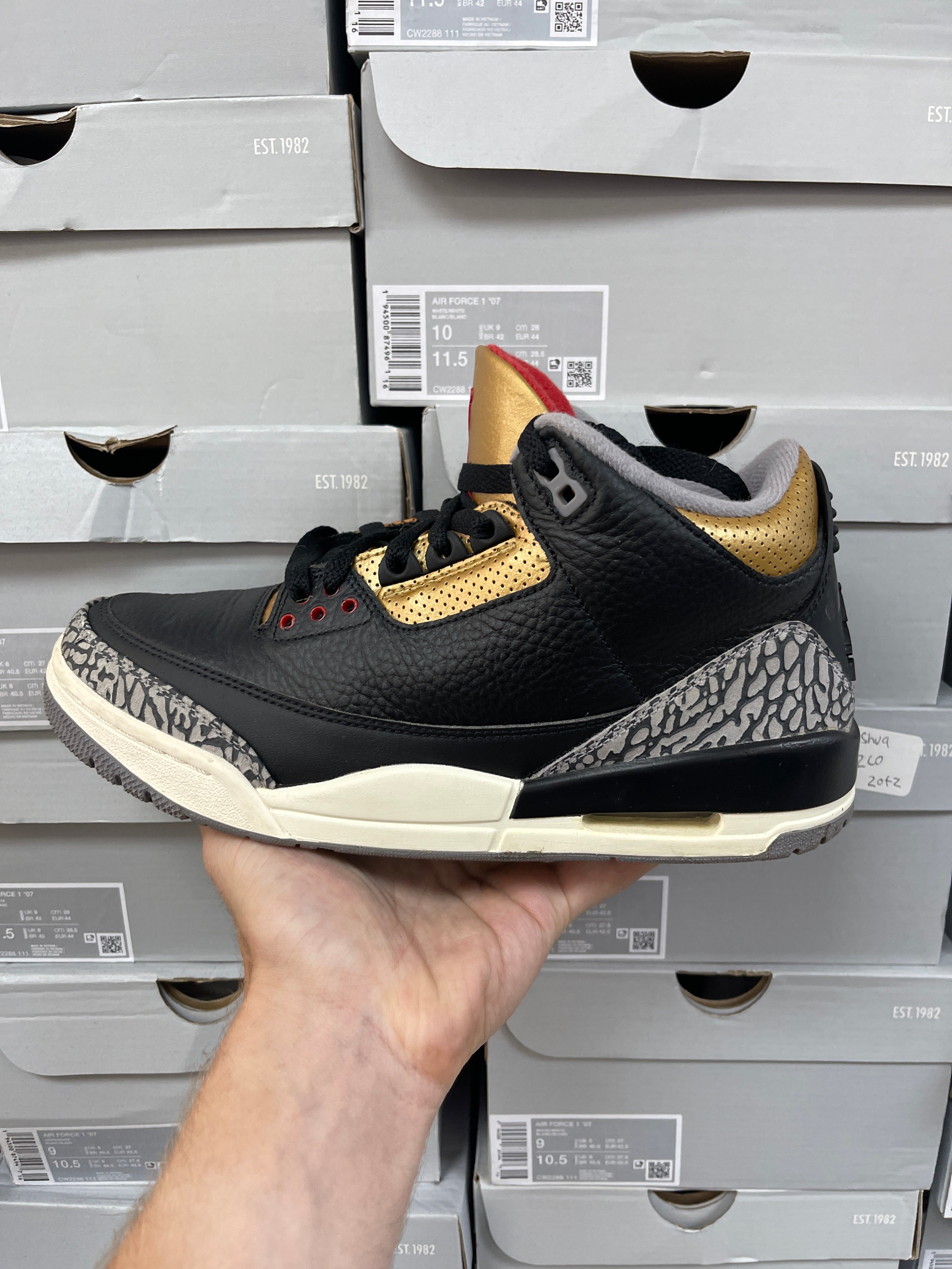 Jordan 3 Black Gold Cement Sneakers