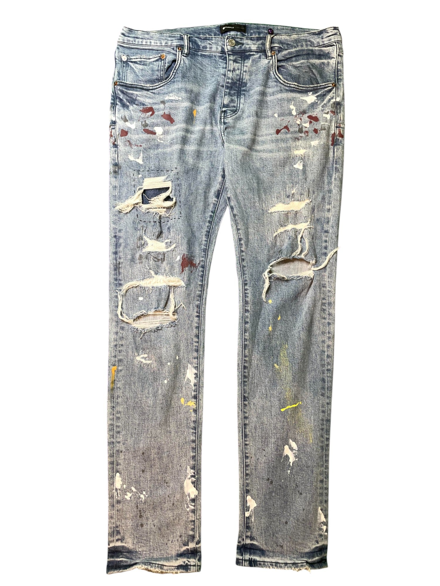 Purple Brand Paint Splatter Light Wash Blue Jeans