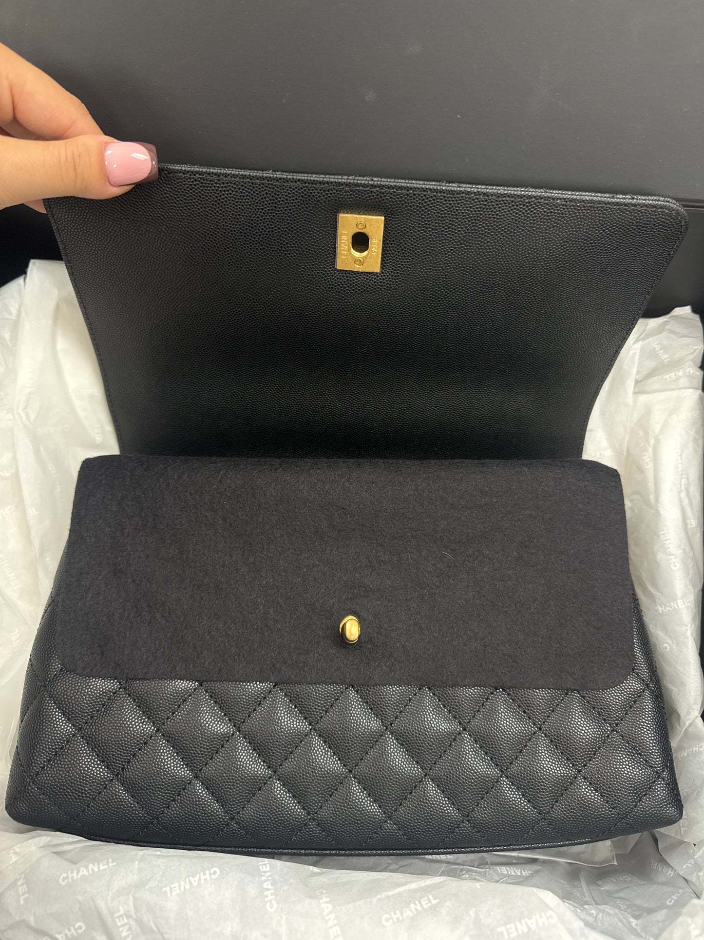 Chanel Black Caviar Quilted Handle Flap Bag