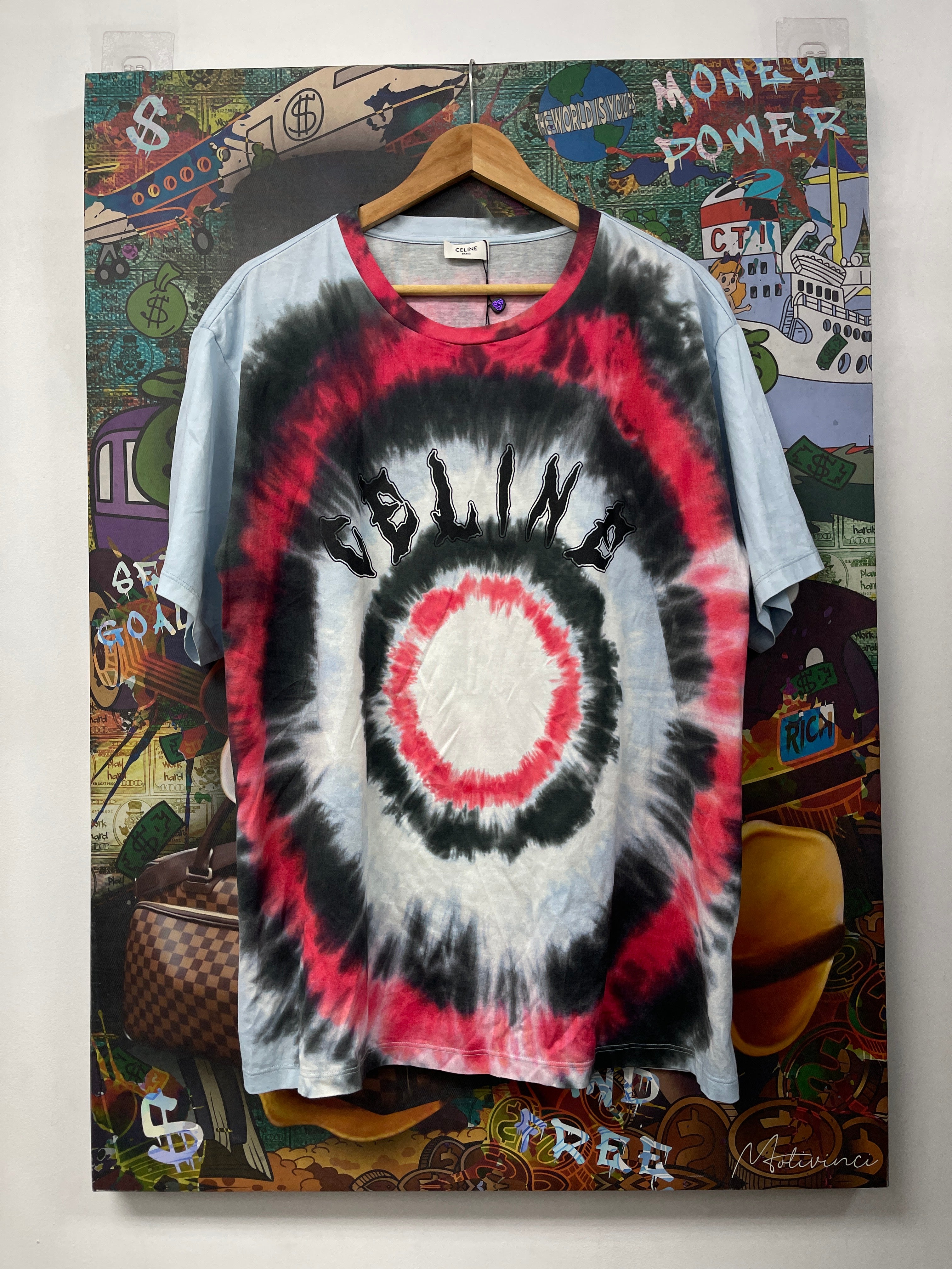 Celine Tie Dye Red Blue Black Chest Logo Tee