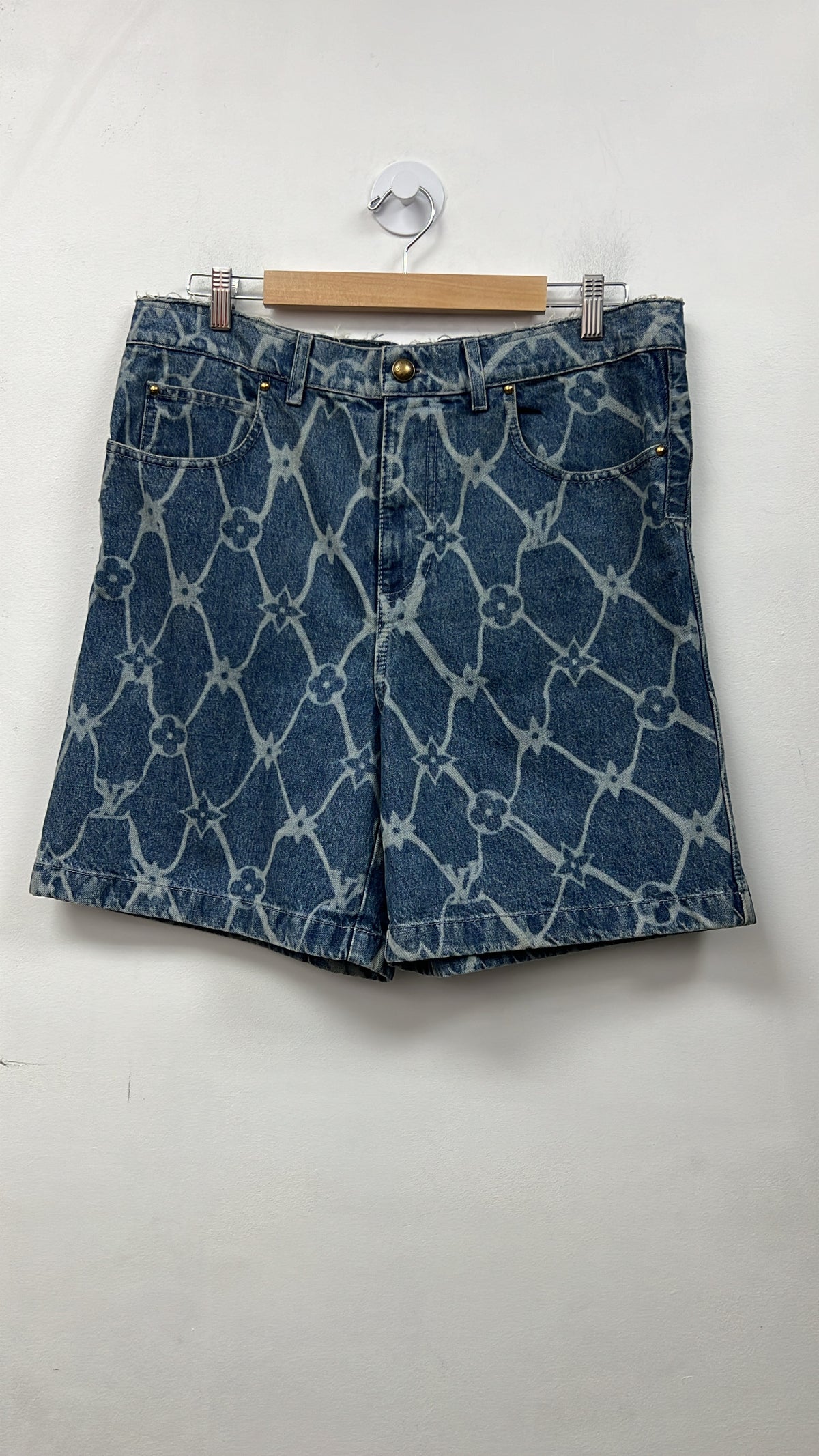 Louis Vuitton Light Wash Fishnet Monogram (Altered Waist) Jean Shorts
