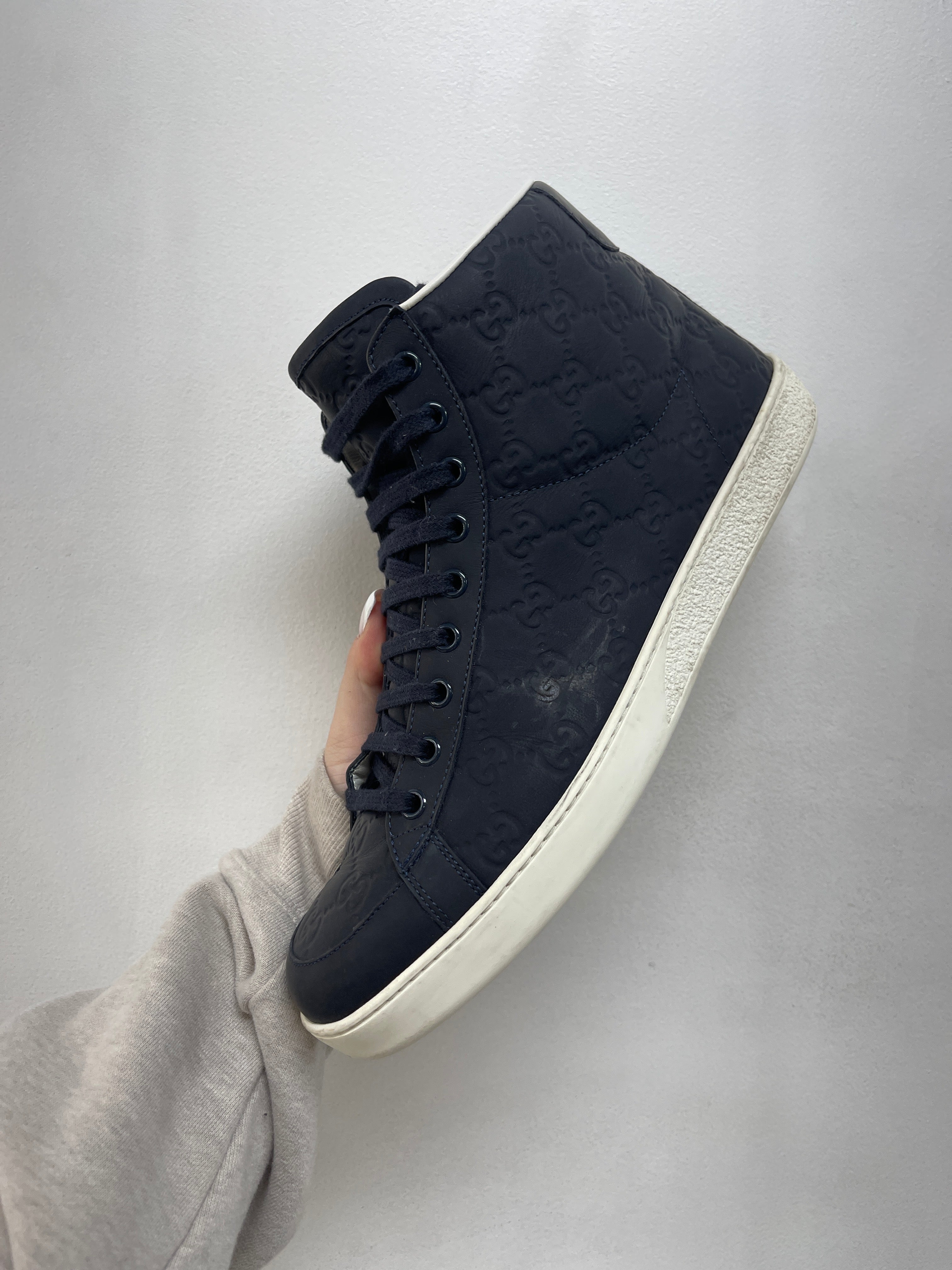 Gucci Navy Monogram Guccisime Hi Sneakers