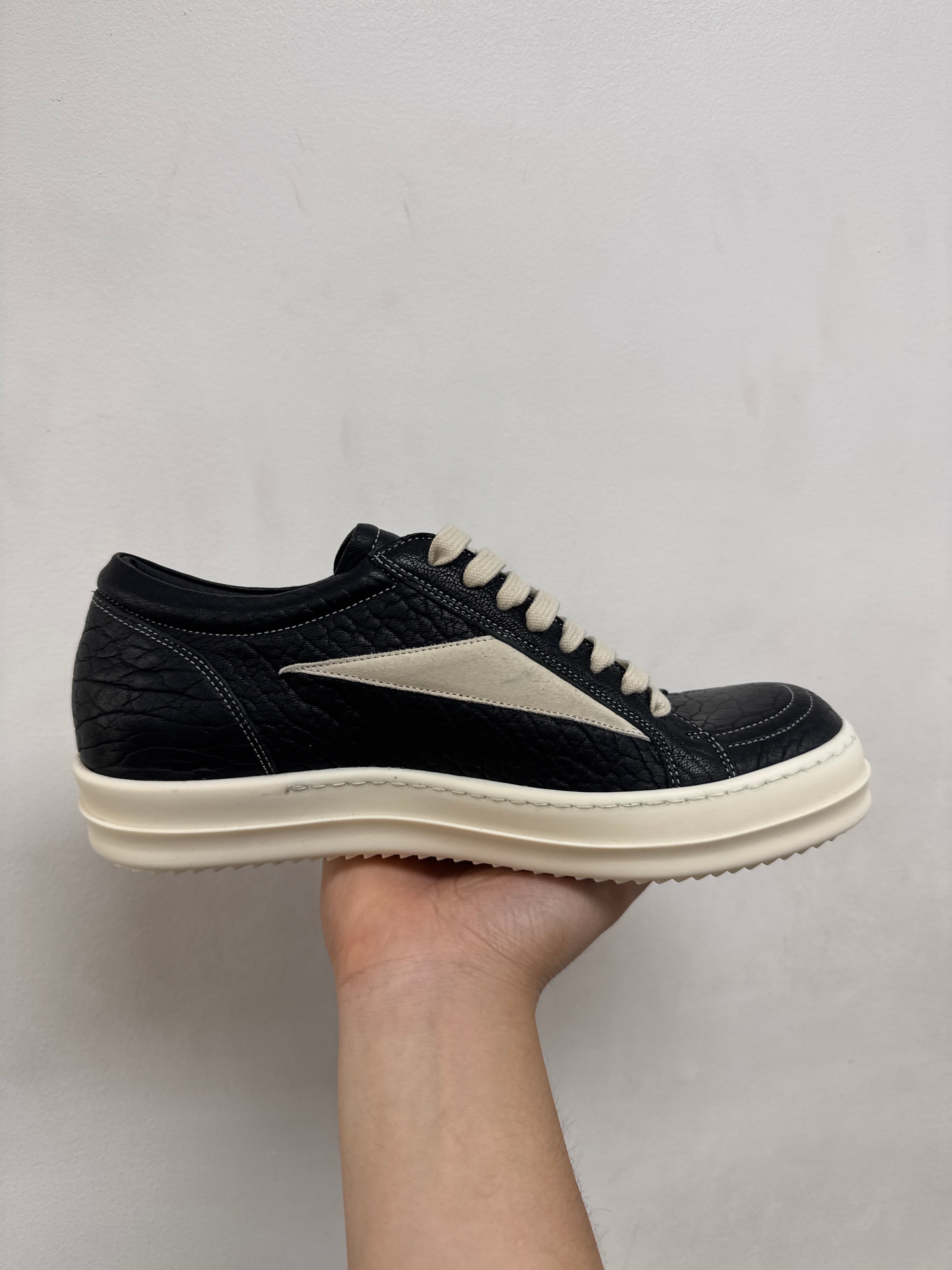 Rick Owens Black & Milk 'Mainline' Tumble Leather Vintage Low Sneakers