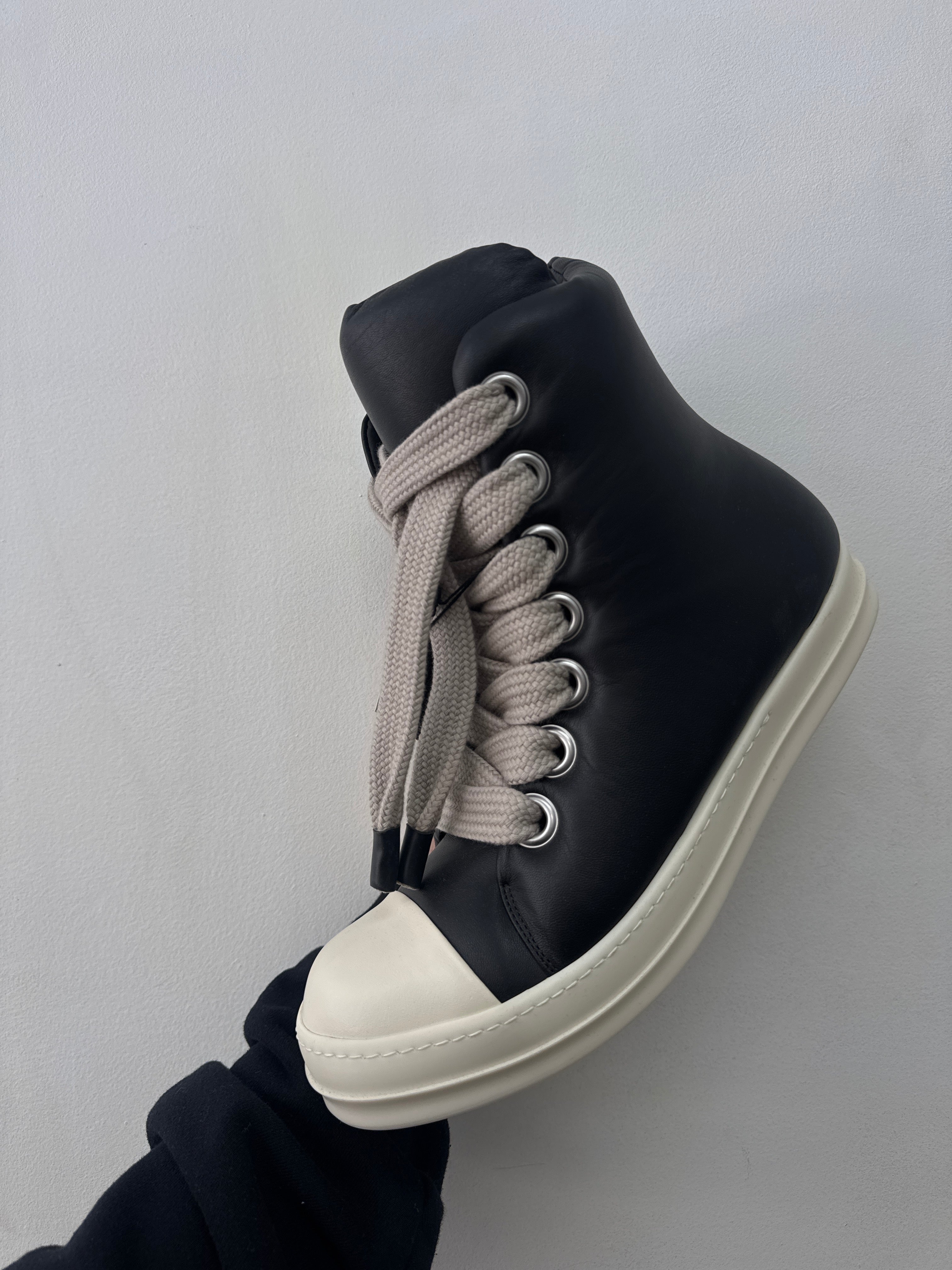 Rick Owens Black Leather Puffed Mainline Jumbo Lace Sneakers