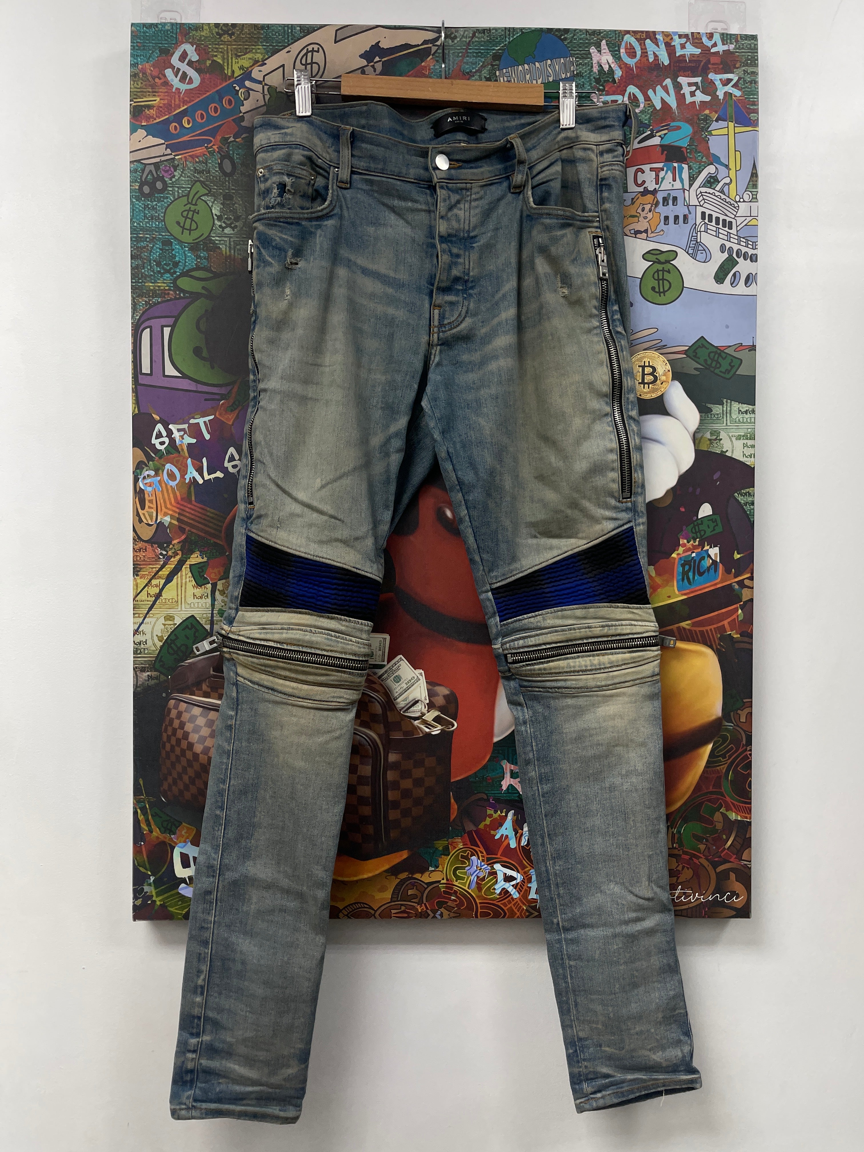 Amiri MX2 Light Blue Black Plaid Patch Jeans