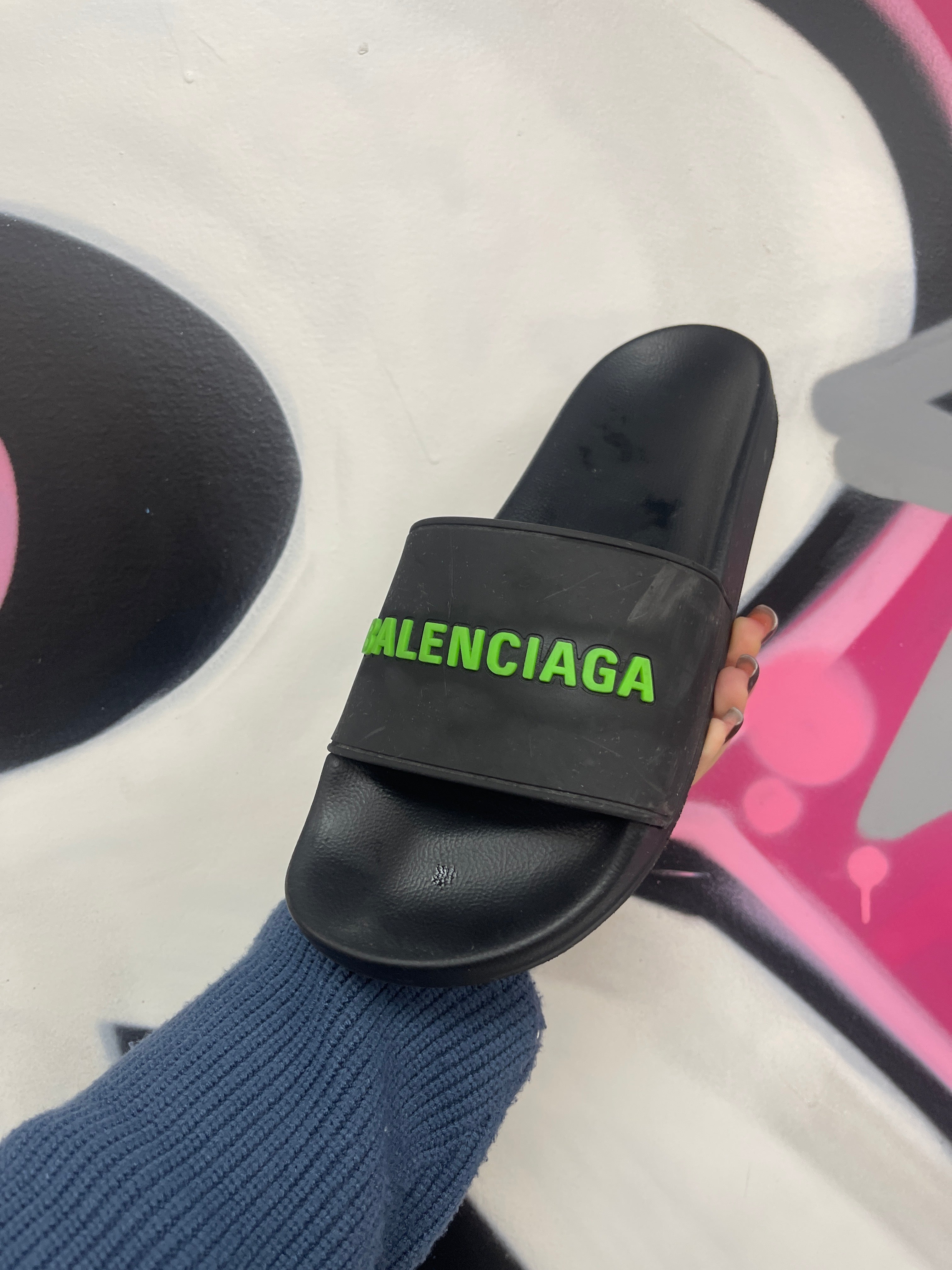 Balenciaga Black Green Logo Slides
