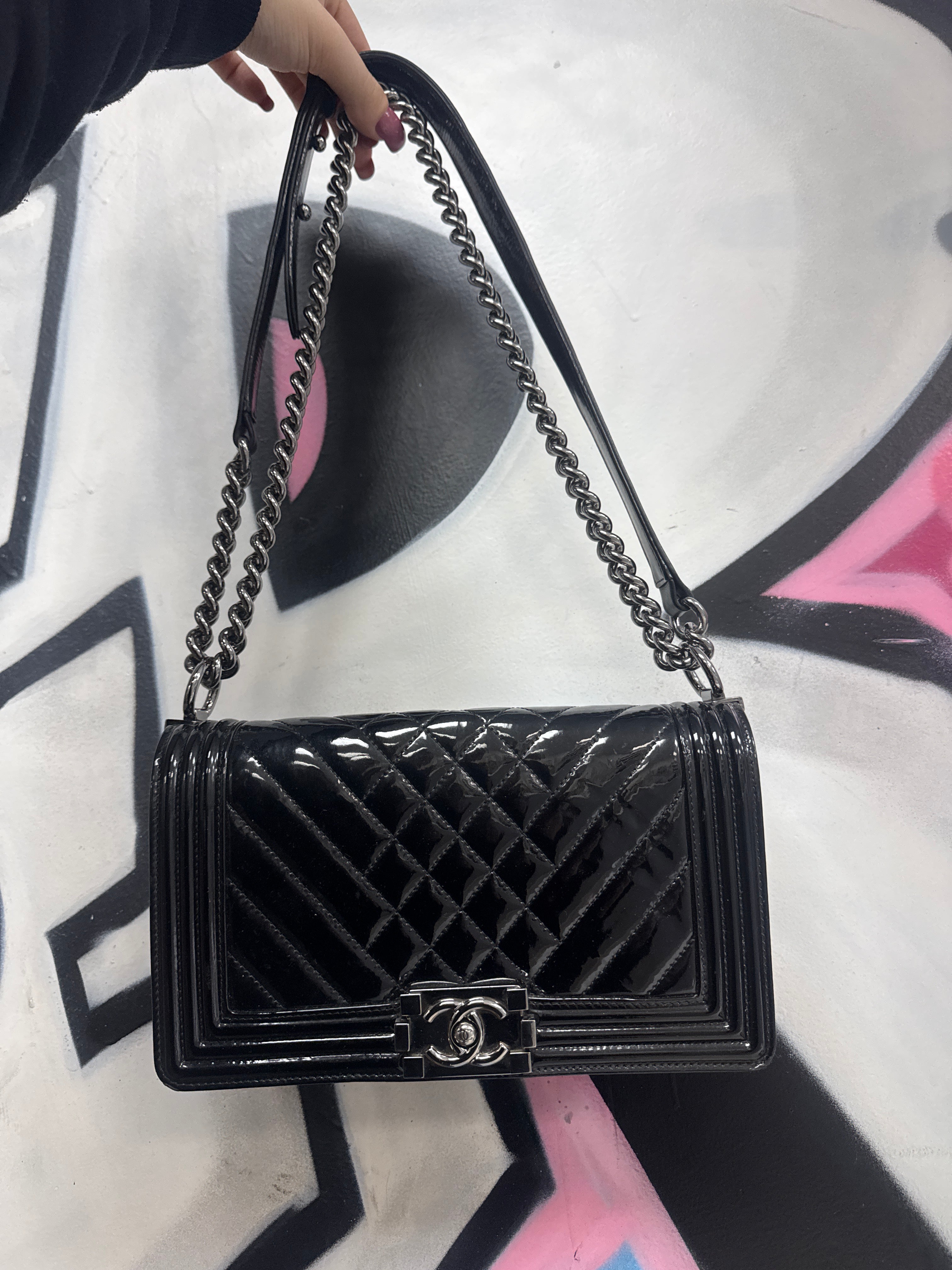 Chanel Black Patent Leather Boy Bag