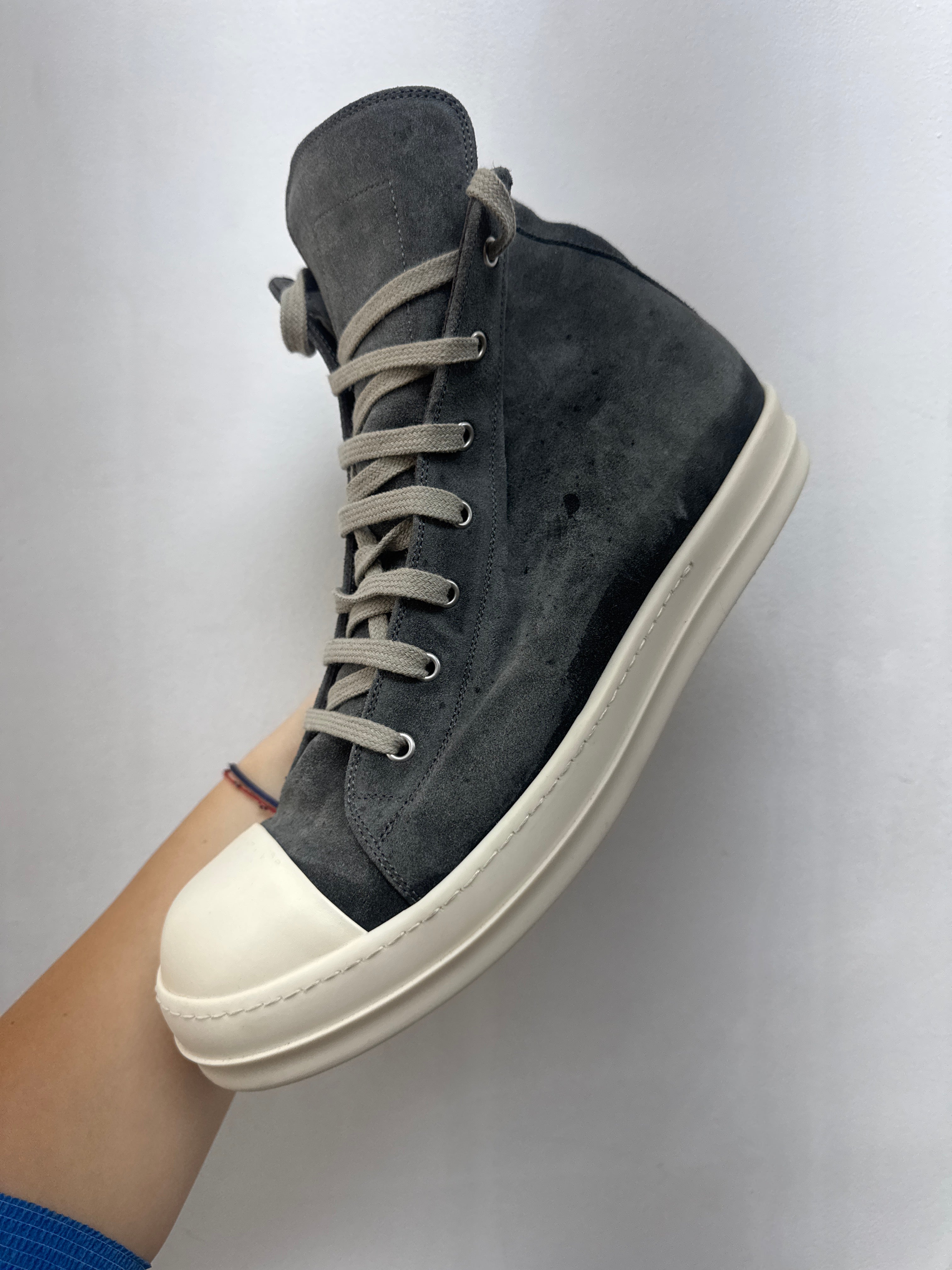 Rick Owens Stone Milk Suede Ramone Hi Sneakers