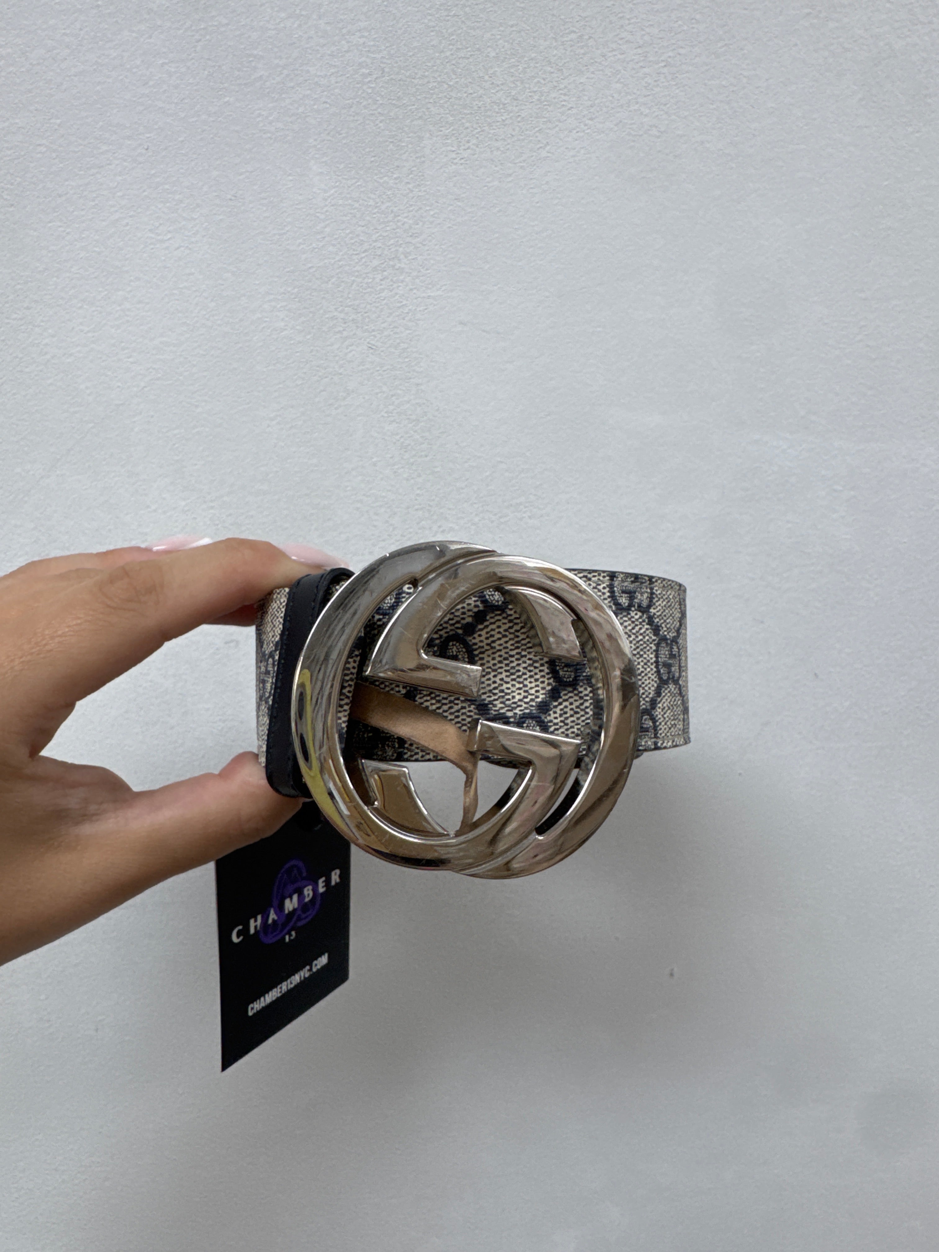 Gucci Cream Navy Monogram (110-44) Belt