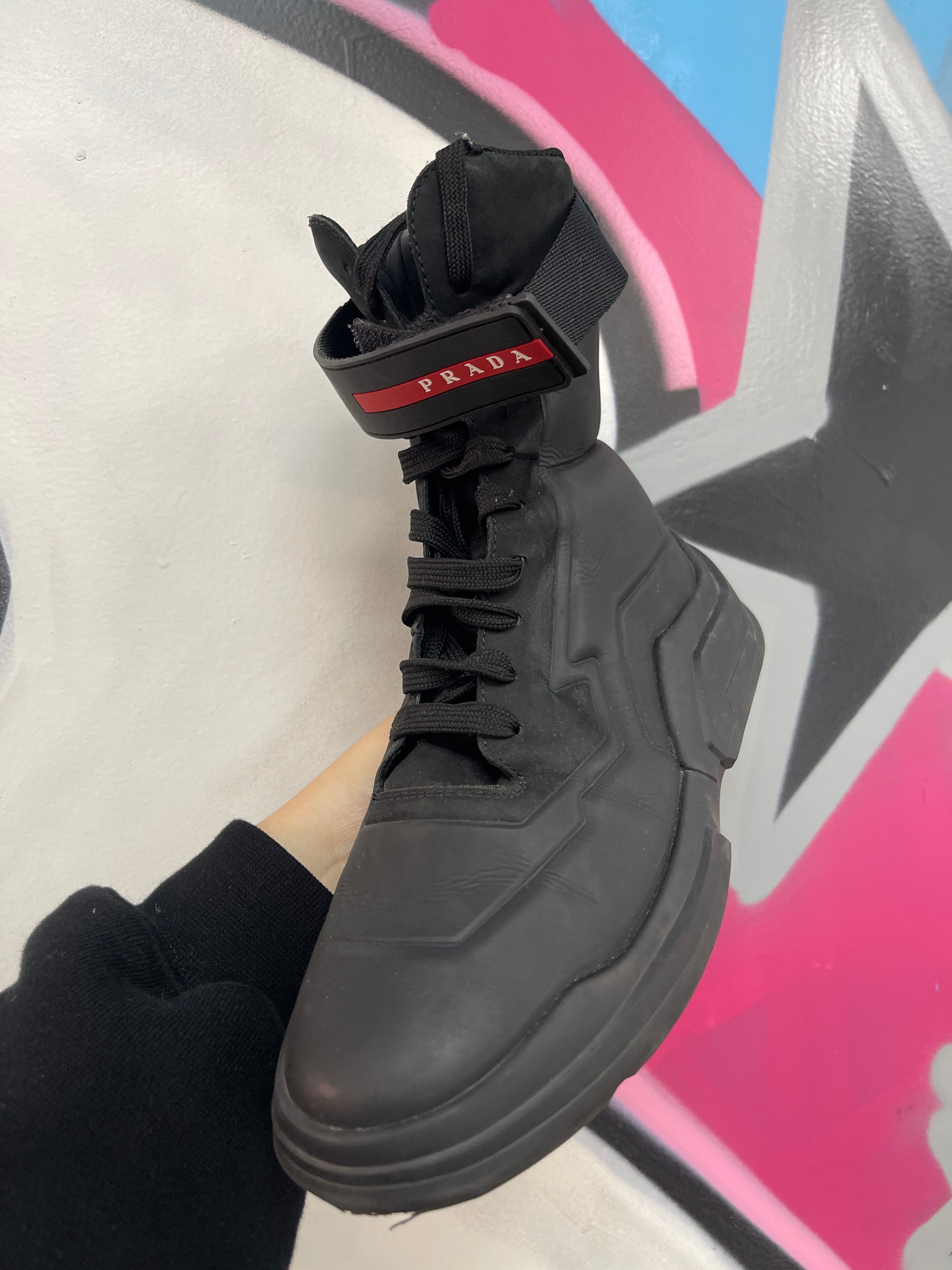 Prada Black High Top Strap Boots