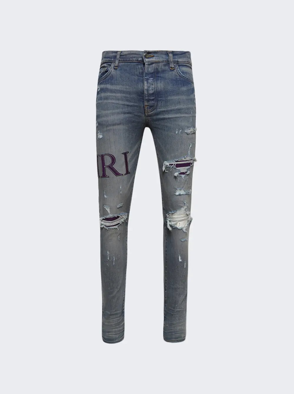 Amiri 'Purple Serif' Side Logo Light Wash Blue Jeans