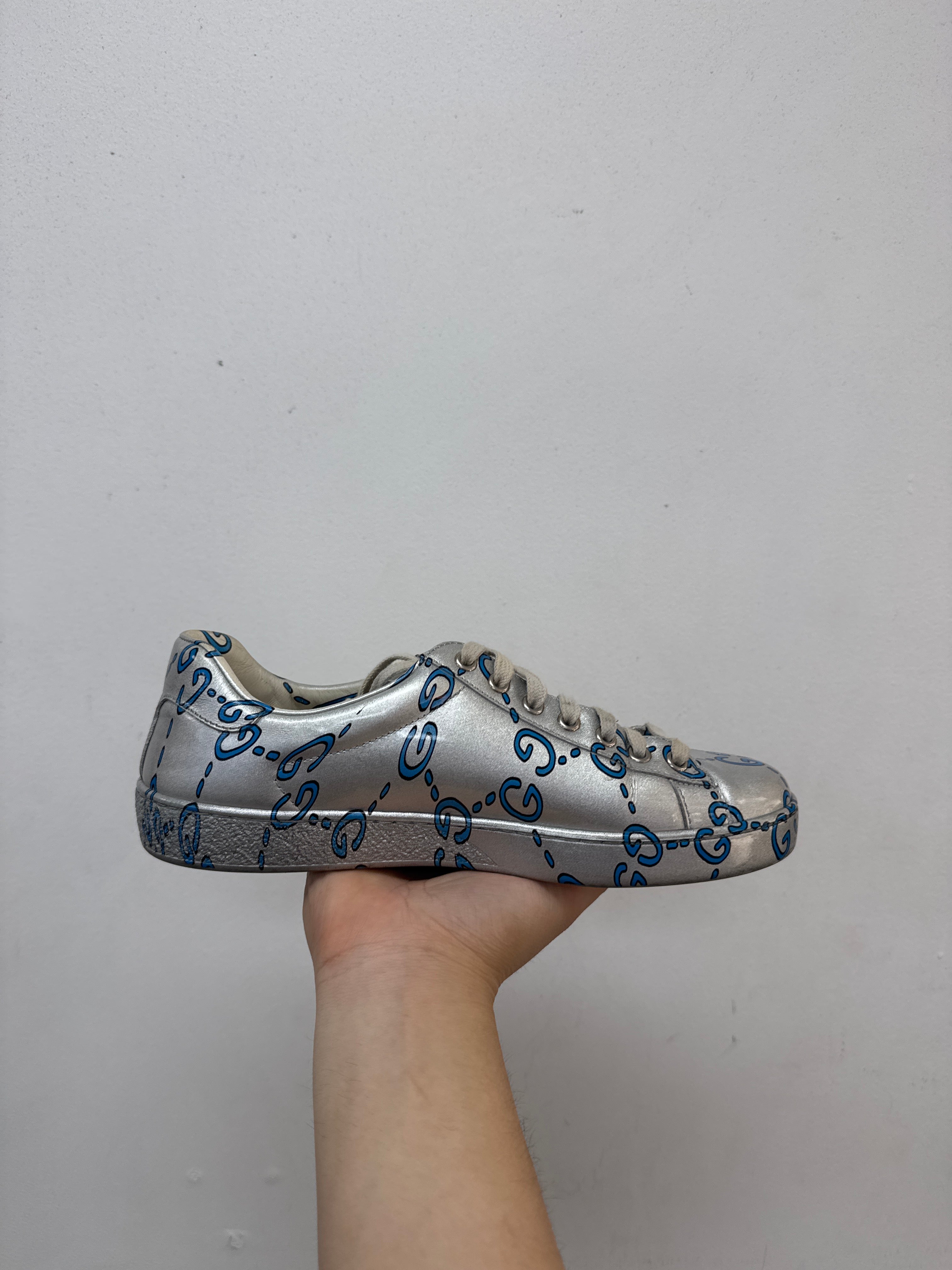 Gucci Silver Blue Monogram Ace Sneakers