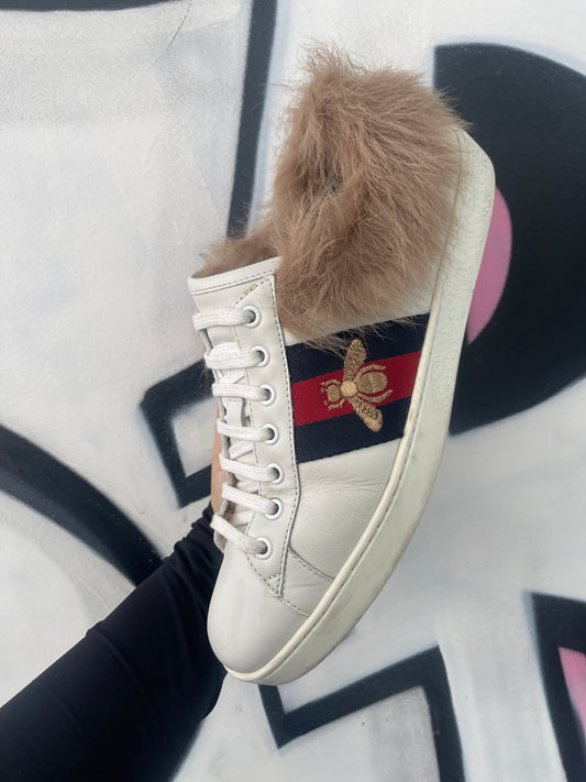 Gucci White Navy Red Fur Ace Sneakers