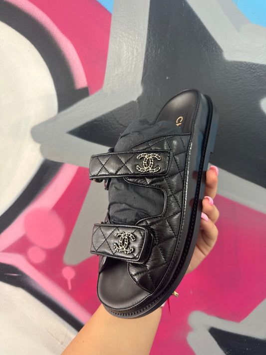 Chanel Black Lambskin Sandels  New 6 With Box