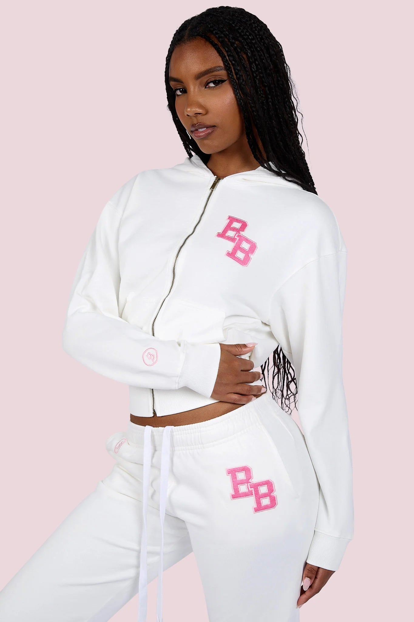 Body By Raven 'University' Eggshell White & Pink Hoodie