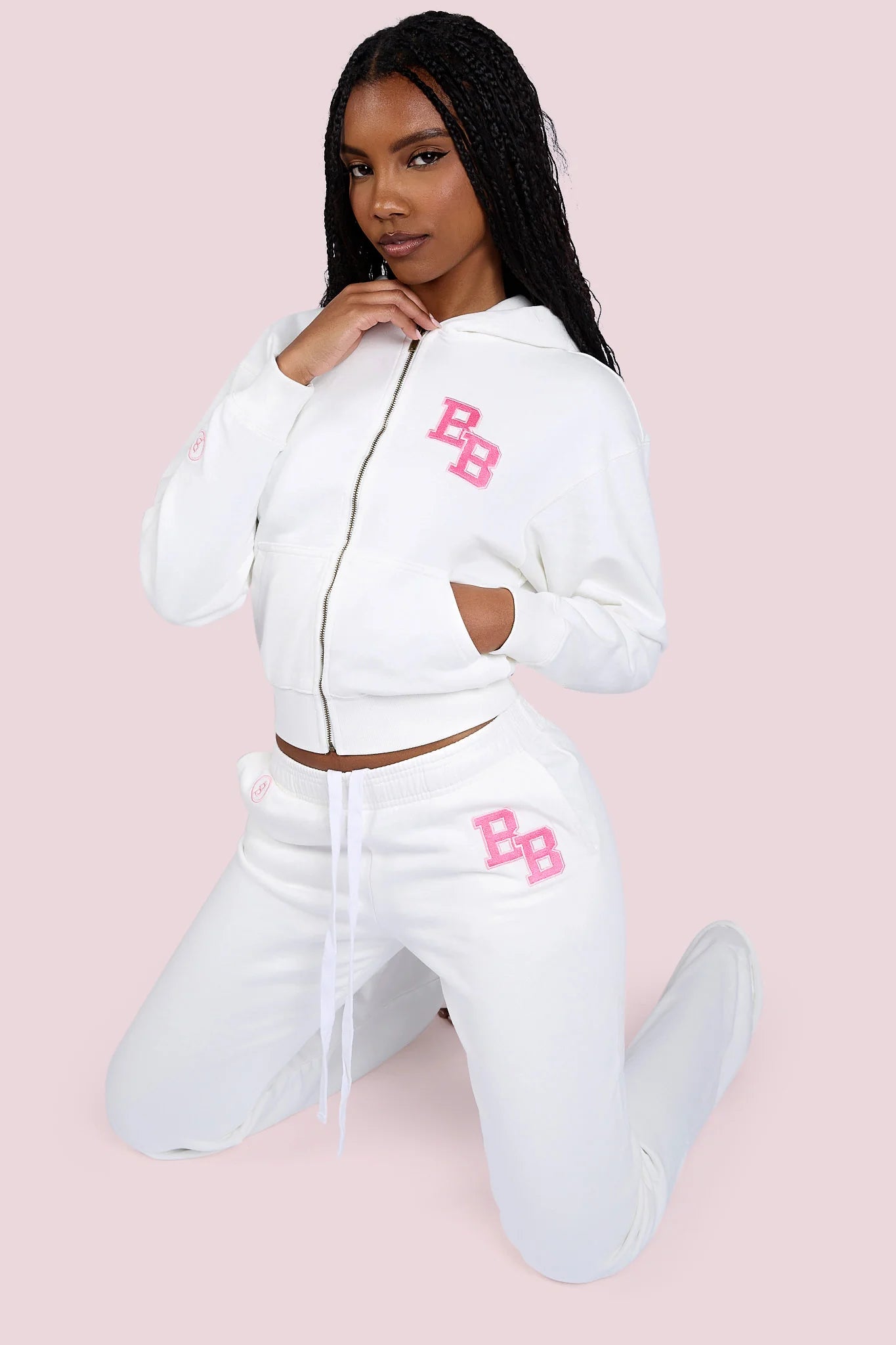 Body By Raven 'University' Eggshell White & Pink Sweats