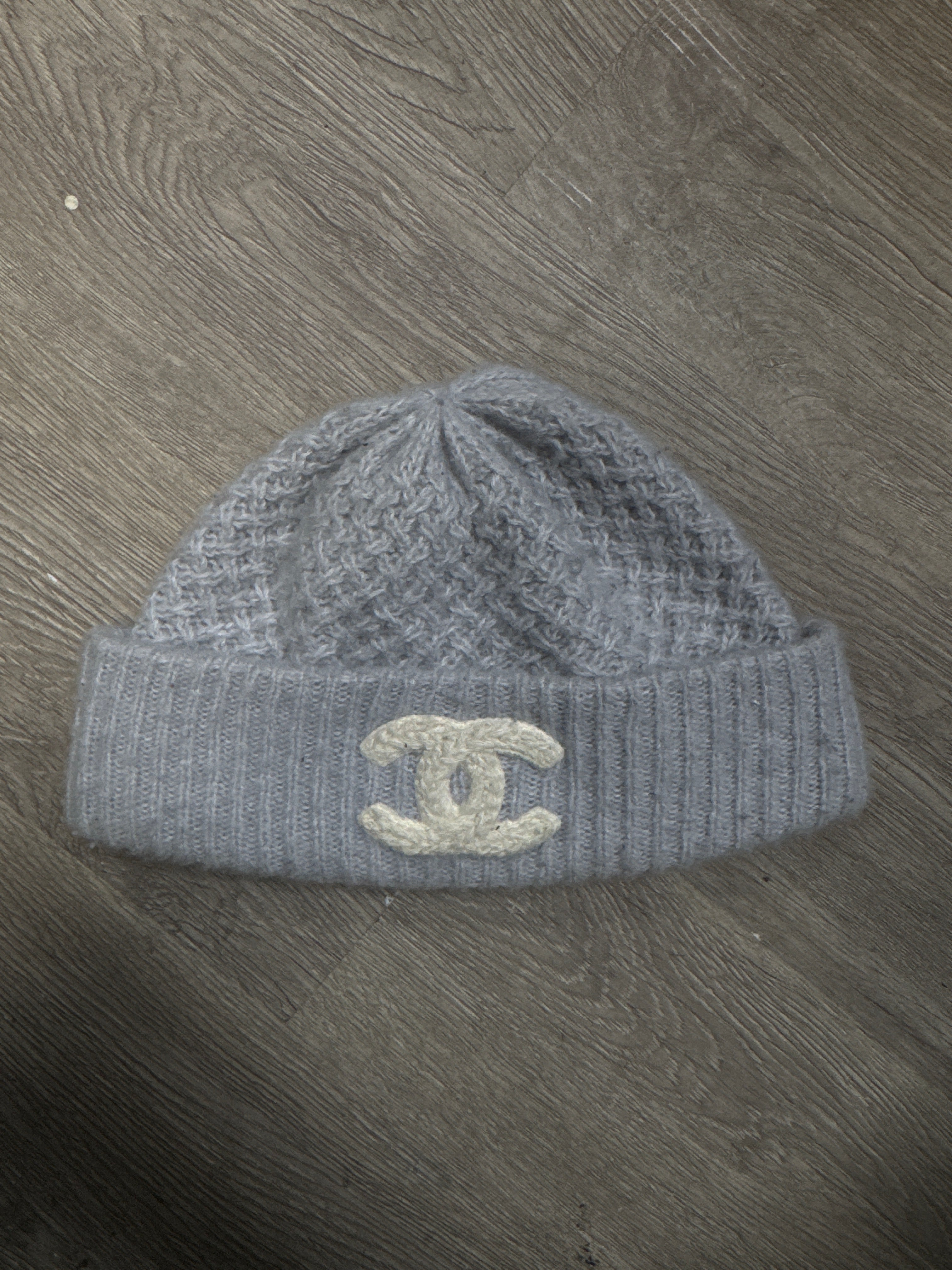 Chanel Grey Cream CC Beanie
