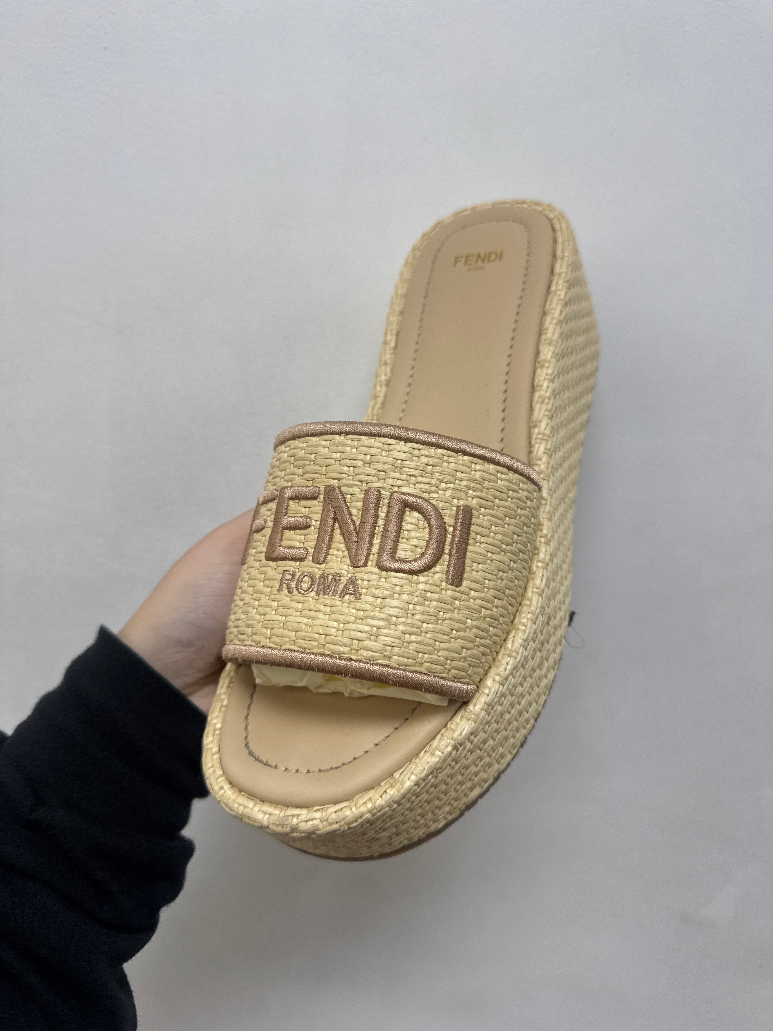 Fendi Tweed Tan Platform Slides