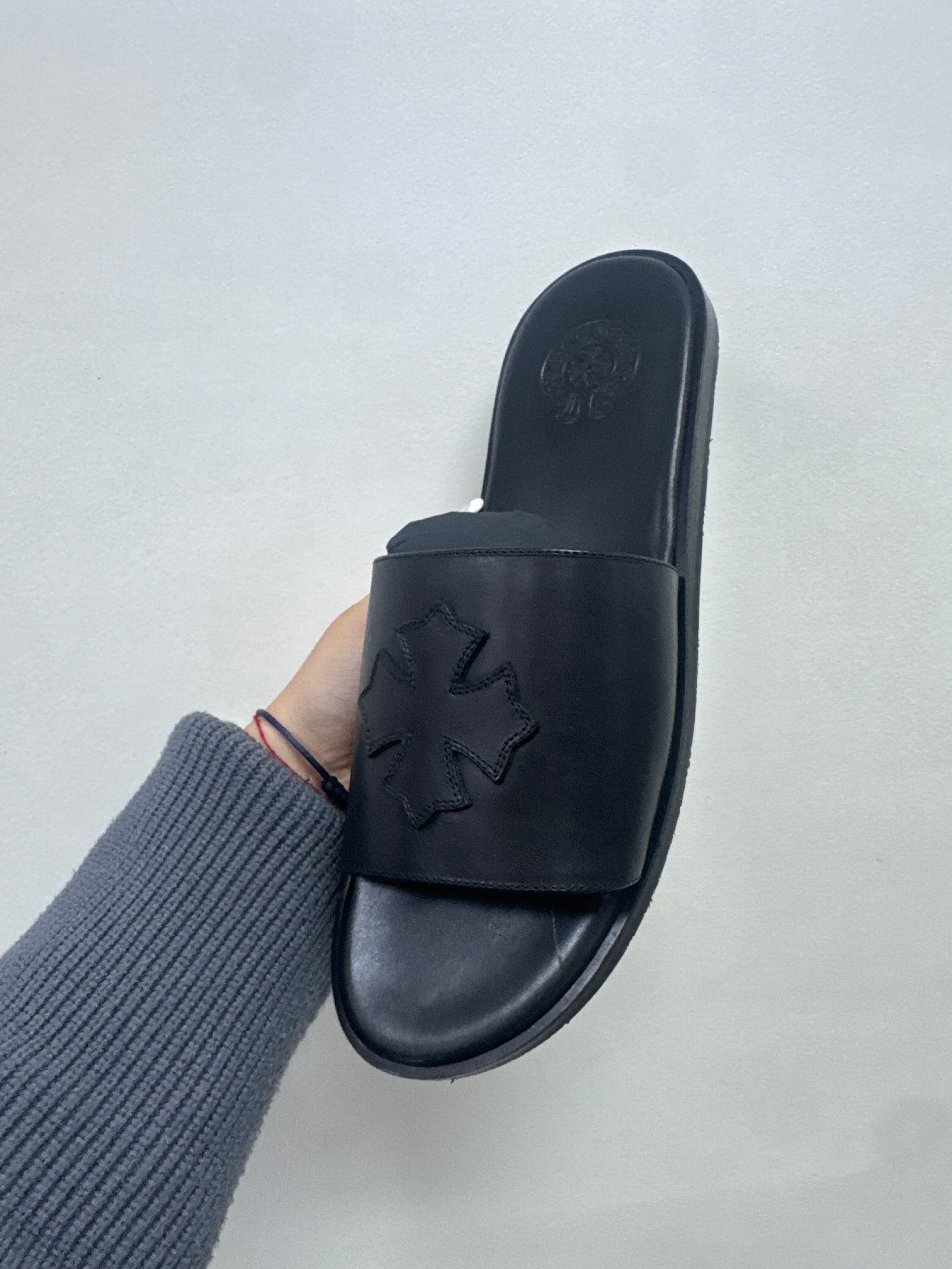 Chrome Hearts Black Leather Plus Logo Slides